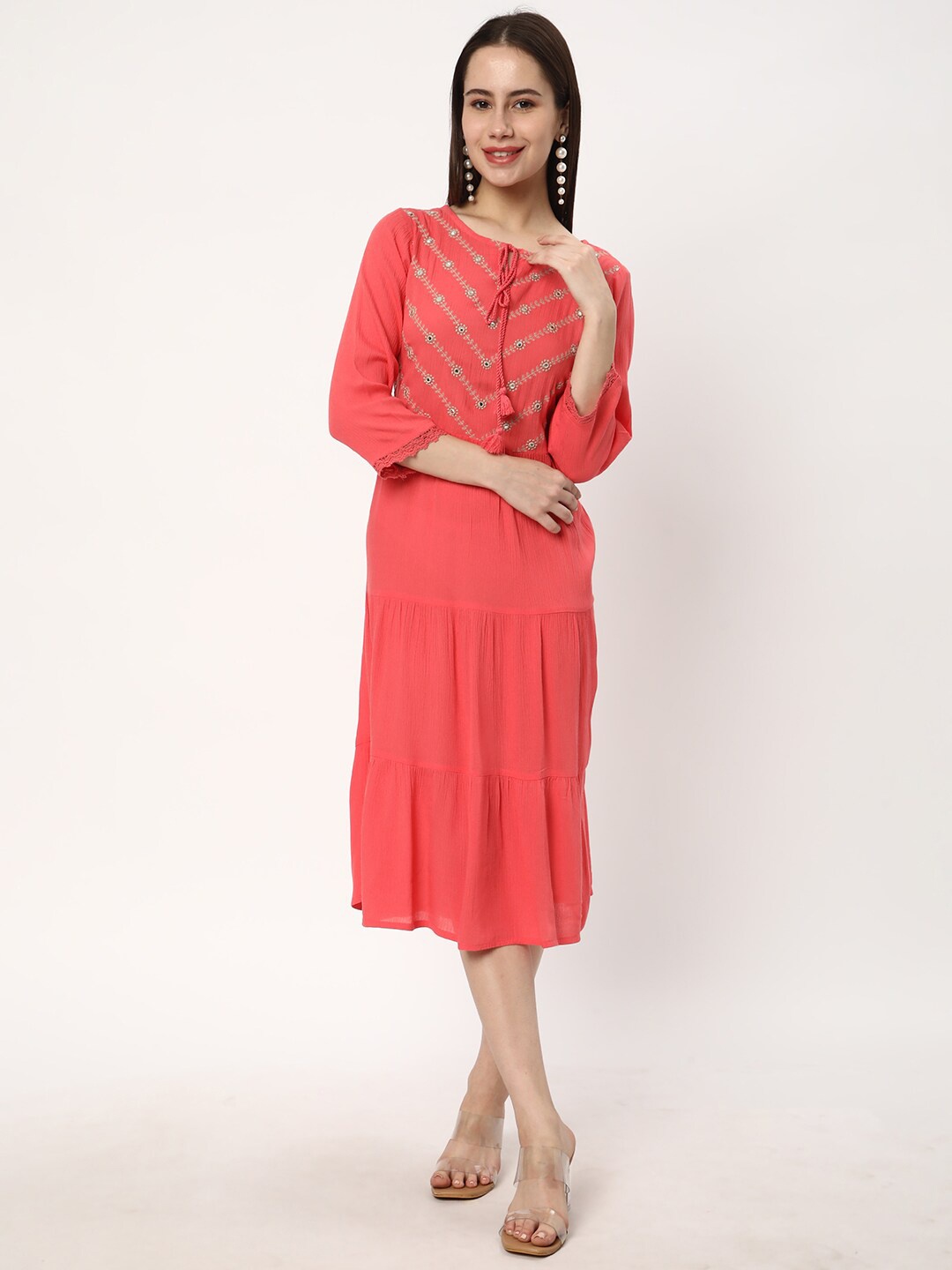 

R&B Tie-Up Neck Fit & Flare Tiered Midi Dress, Peach