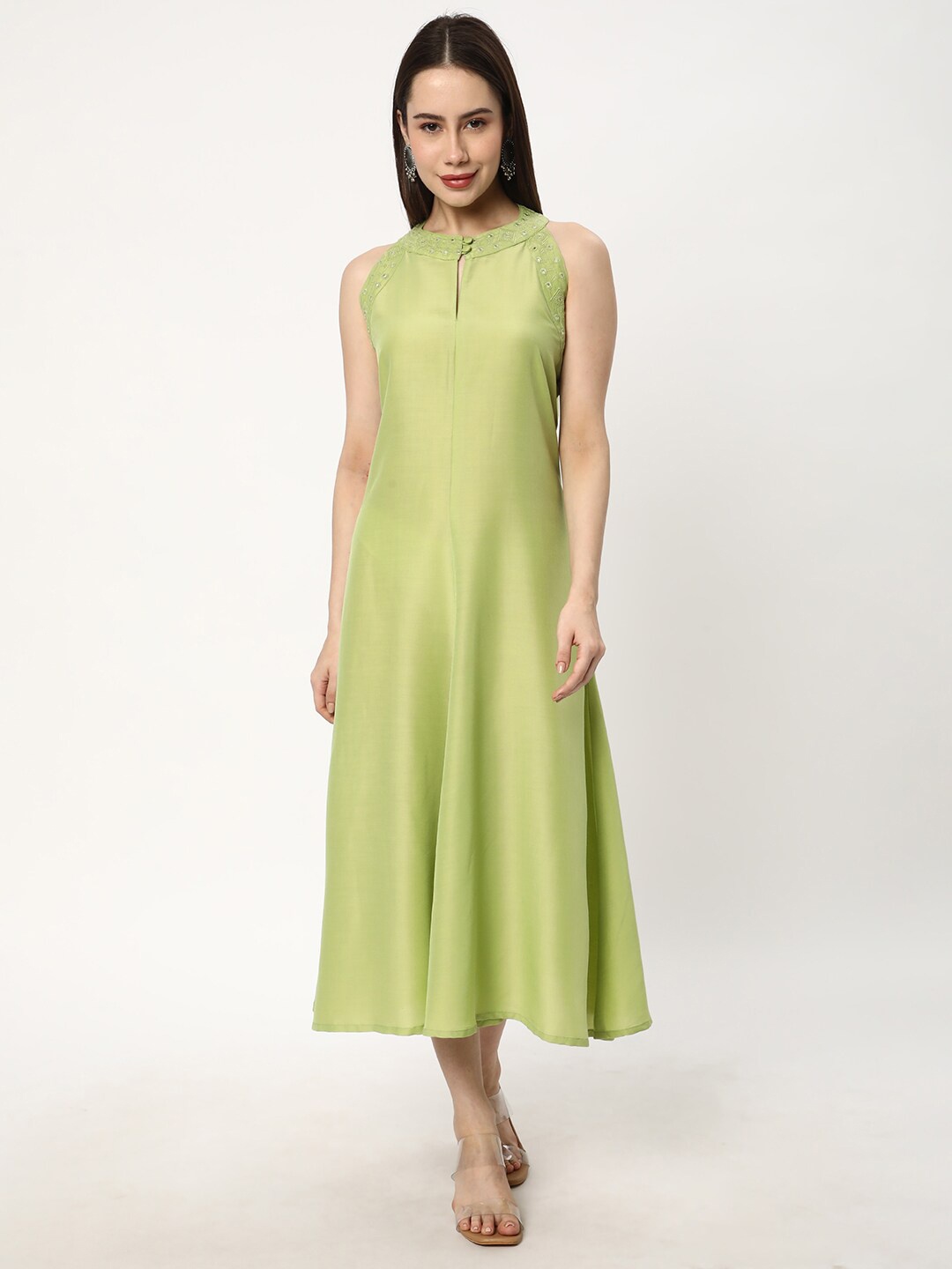 

R&B Keyhole Neck Sleeveless A-Line Midi Dress, Yellow