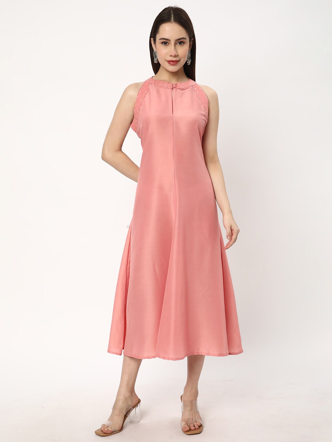 

R&B Round Neck Sleeveless A-Line Midi Dress, Pink