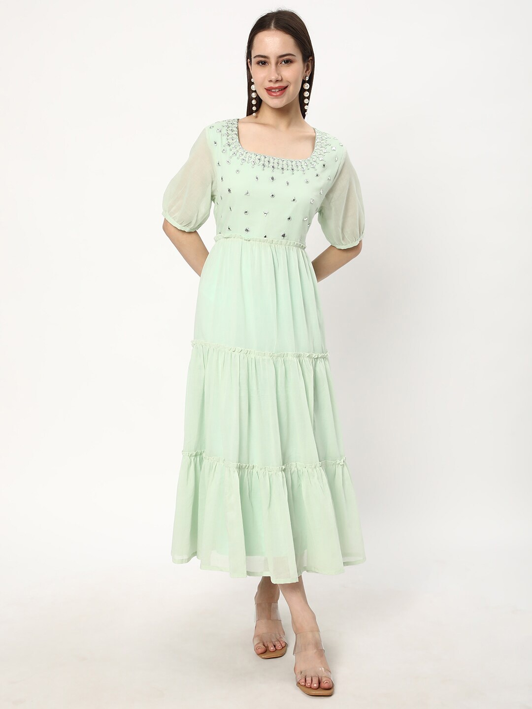 

R&B Square Neck Puff Sleeves Embellished Tiered Cotton A-Line Dress, Green