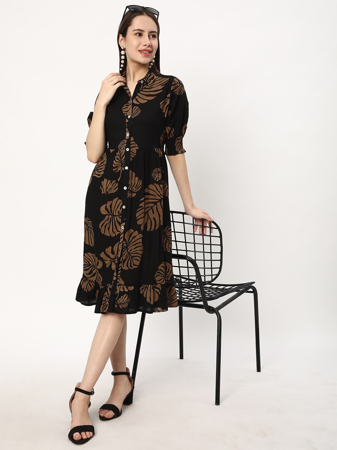 

R&B Floral Print Shirt Collar Puff Sleeves A-Line Dress, Black