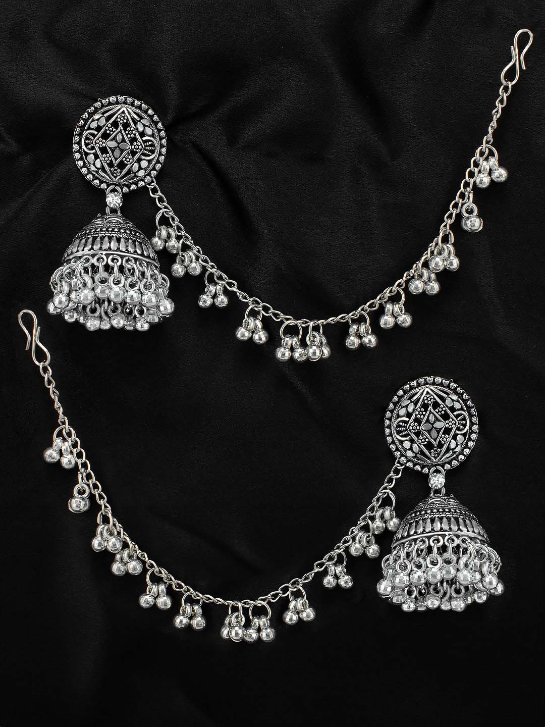 

PRIVIU Silver-Plated Dome Shaped Jhumkas With Hair Chain