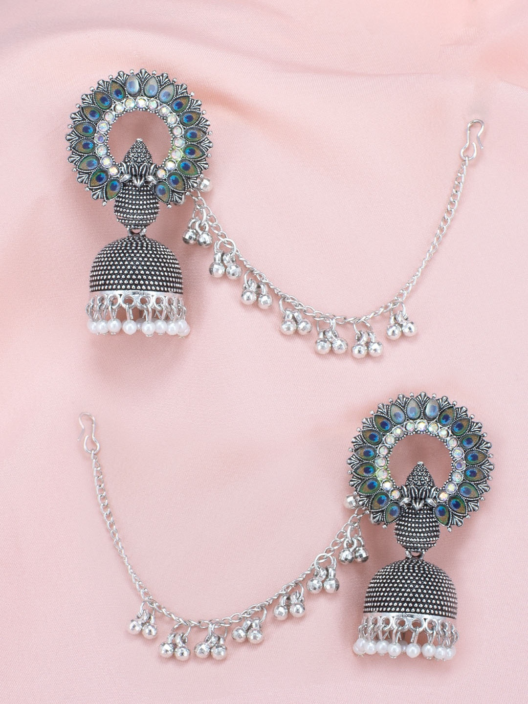 

PRIVIU Silver-Plated Stone-Studded & Beaded Dome Shaped Jhumkas