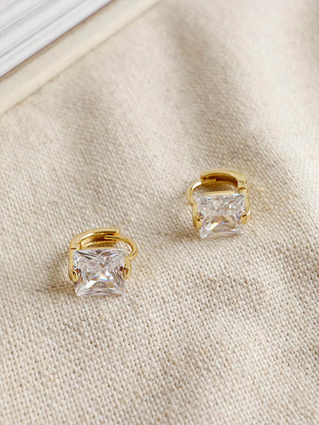 

PRIVIU Gold-Plated American Diamond-Studded Square Shaped Hoop Earrings