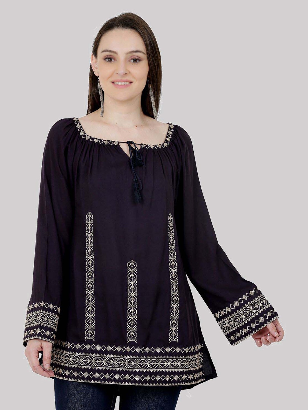 

SAAKAA Embroidered Tie-Up Neck Cotton Regular Top, Navy blue