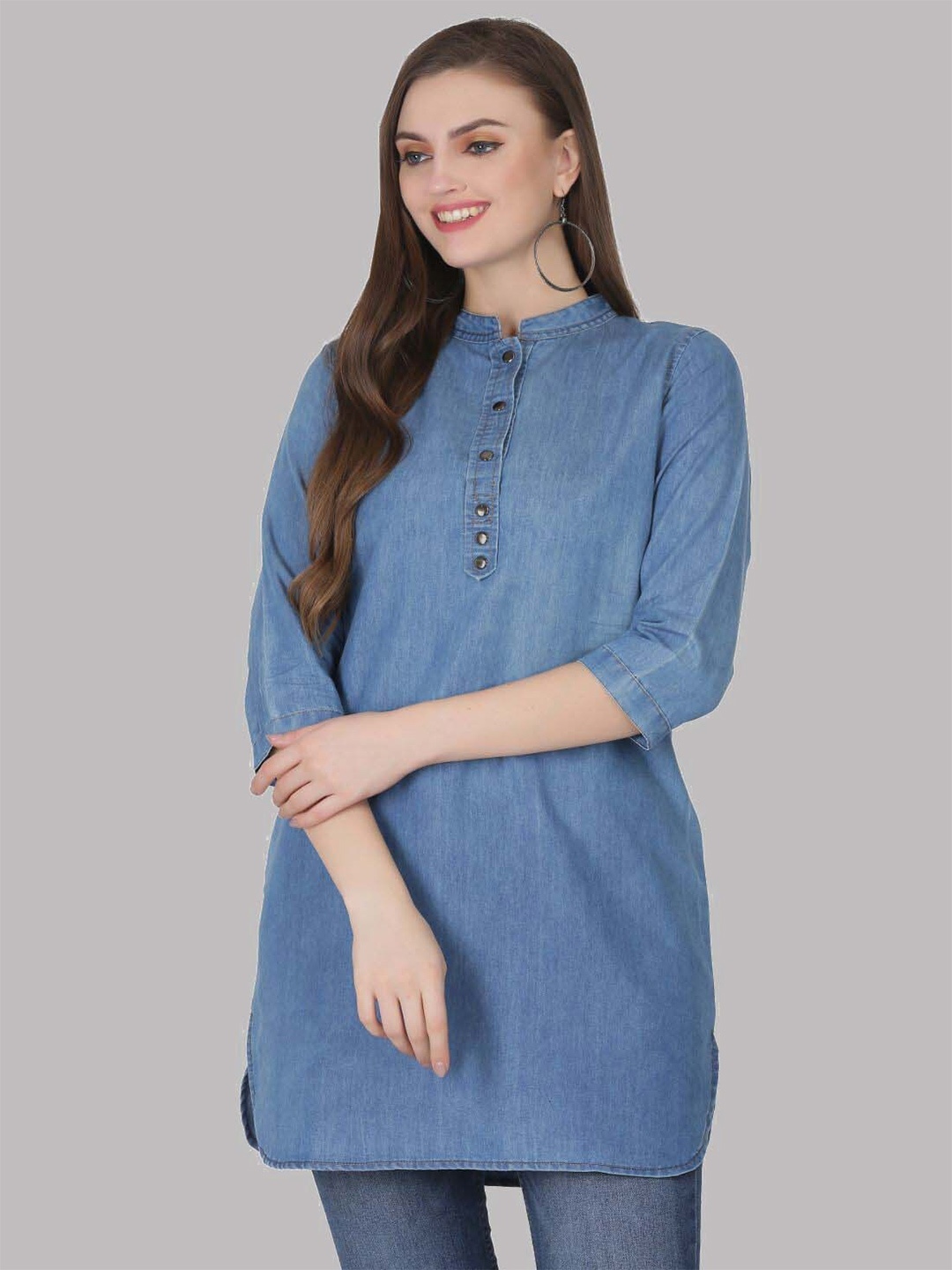

SAAKAA Mandarin Collar Three-Quarter Sleeves Cotton Denim Longline Top, Blue