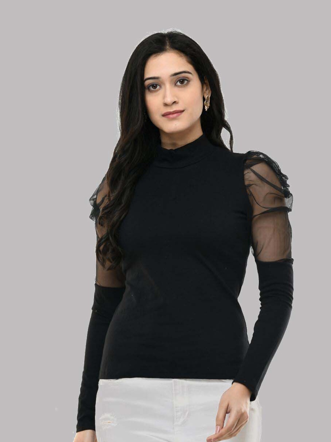 

SAAKAA High Neck Puff Sleeve Fitted Top, Black