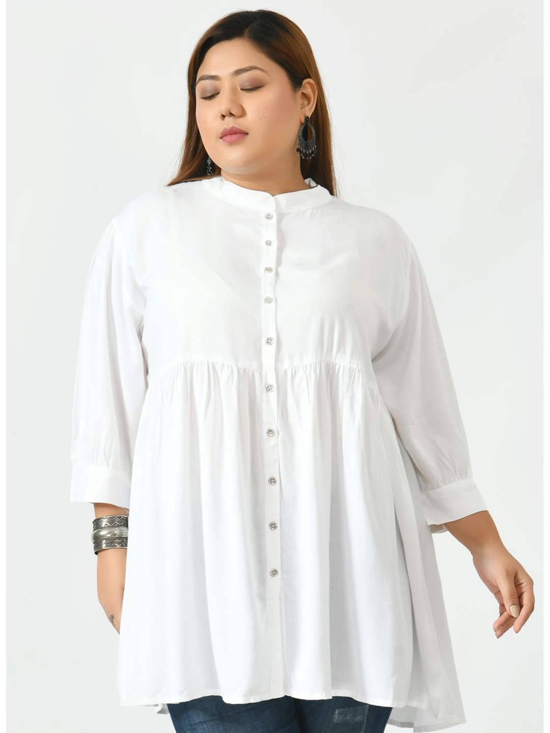 

SAAKAA Plus Size Mandarin Collar Cotton Longline Top, White