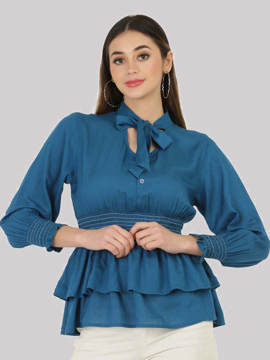 

SAAKAA Tie-Up Neck Cotton Top, Teal