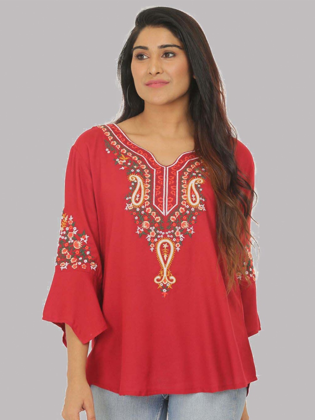 

SAAKAA V-Neck Bell Sleeve Cotton Top, Maroon