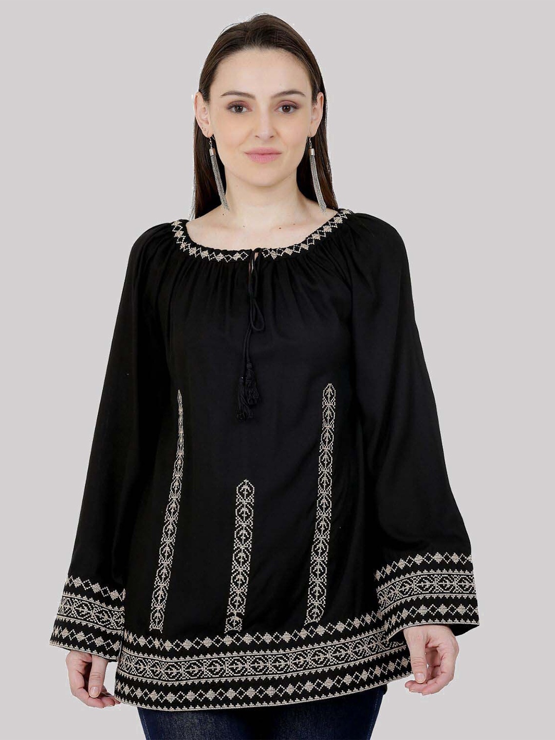 

SAAKAA Print Tie-Up Neck Cotton Top, Black