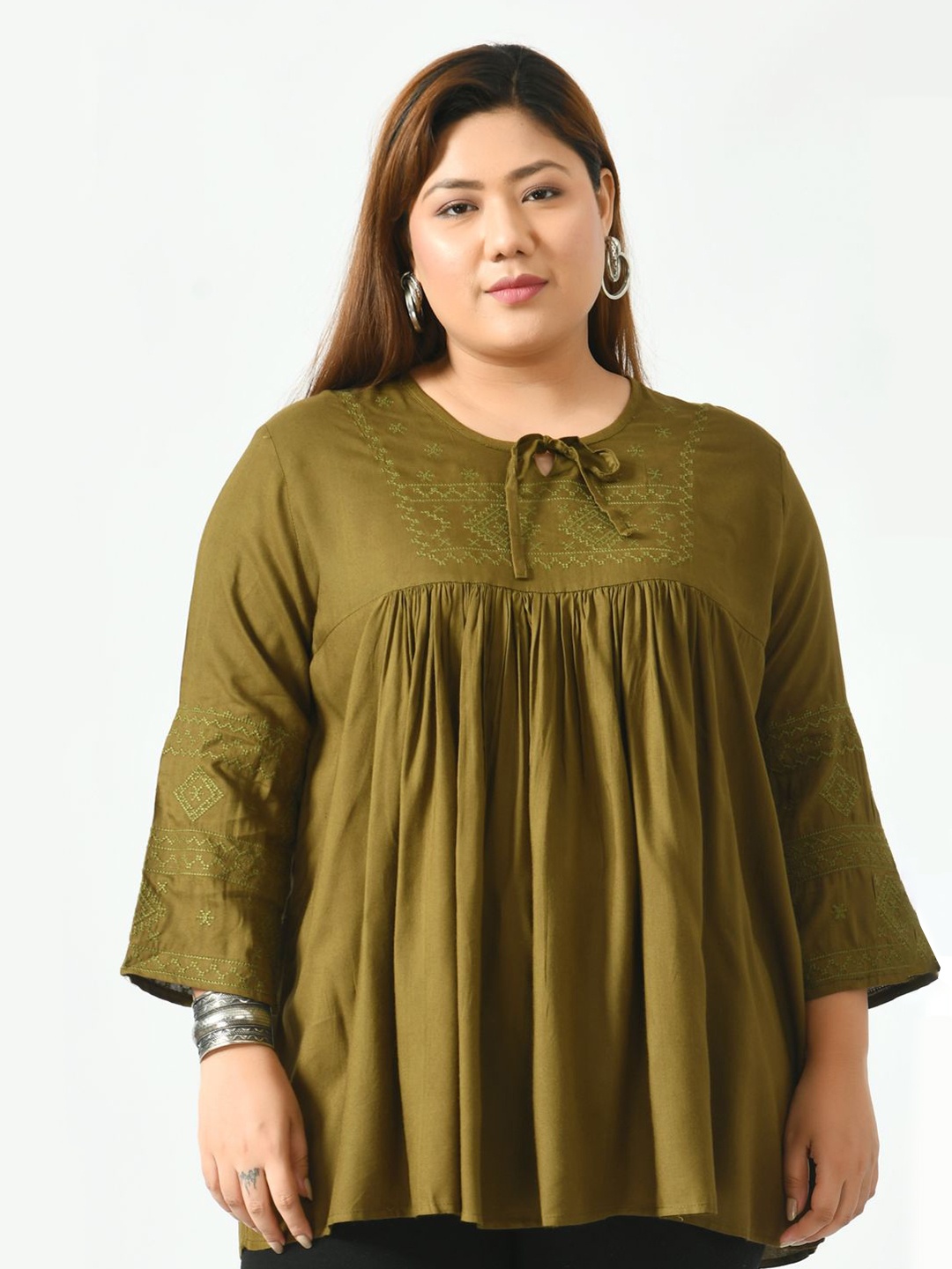 

SAAKAA Plus Size Tie-Up Neck A-Line Cotton Top, Olive