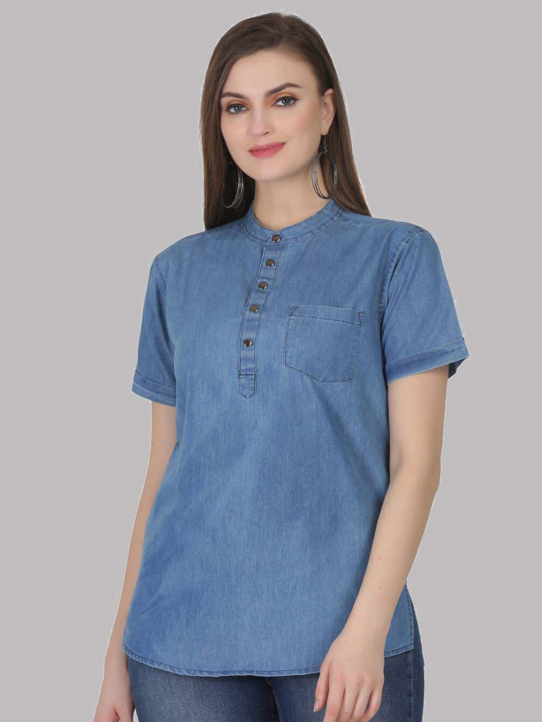 

SAAKAA Mandarin Collar Cotton Denim Shirt Style Top, Blue