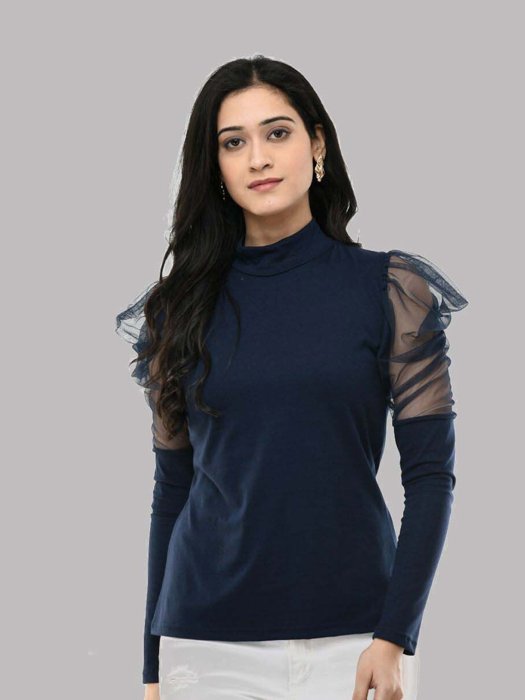 

SAAKAA High Neck Long Puff Sleeves Top, Navy blue