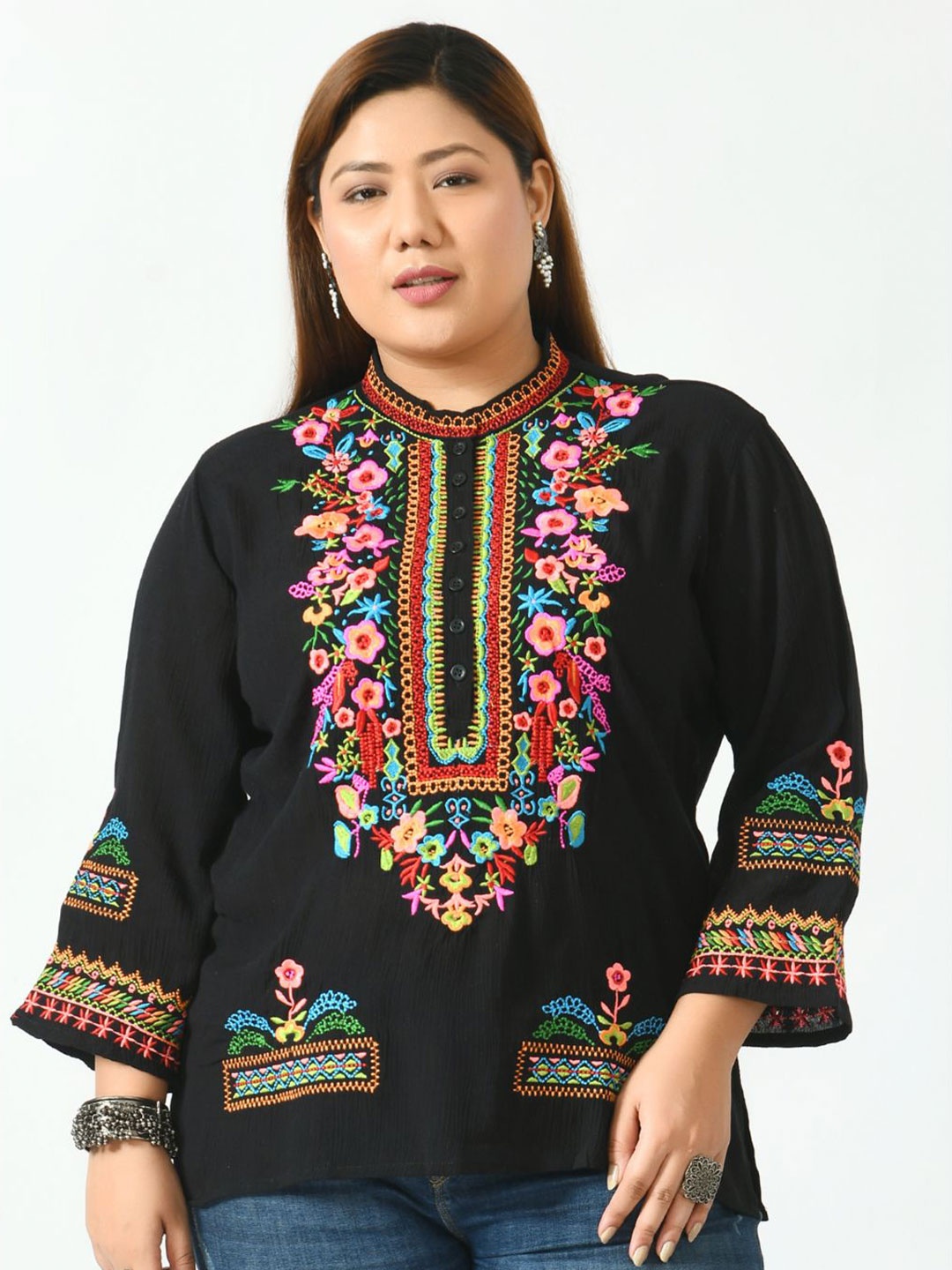 

SAAKAA Plus Size Floral Embroidery Mandarin Collar Cotton Top, Black