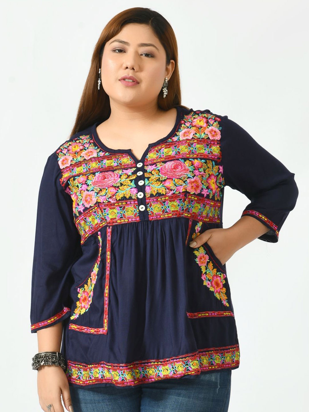 

SAAKAA Plus Size Floral Embroidery Cotton A-Line Top, Navy blue