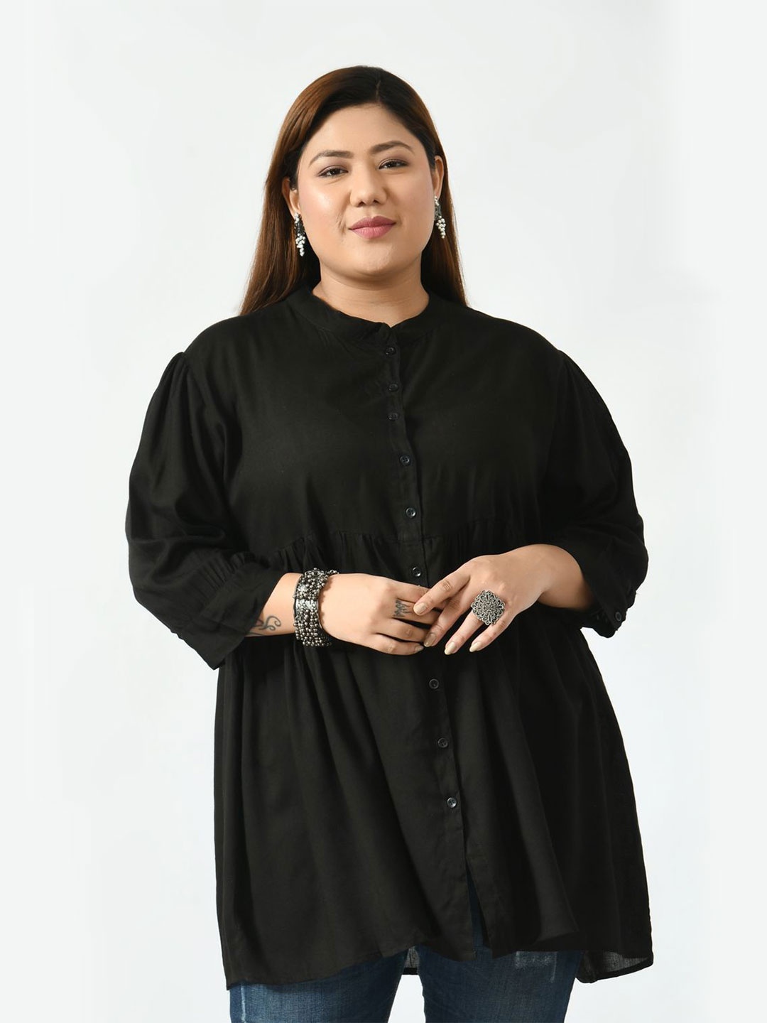 

SAAKAA Plus Size Mandarin Collar Cotton Shirt Style Top, Black