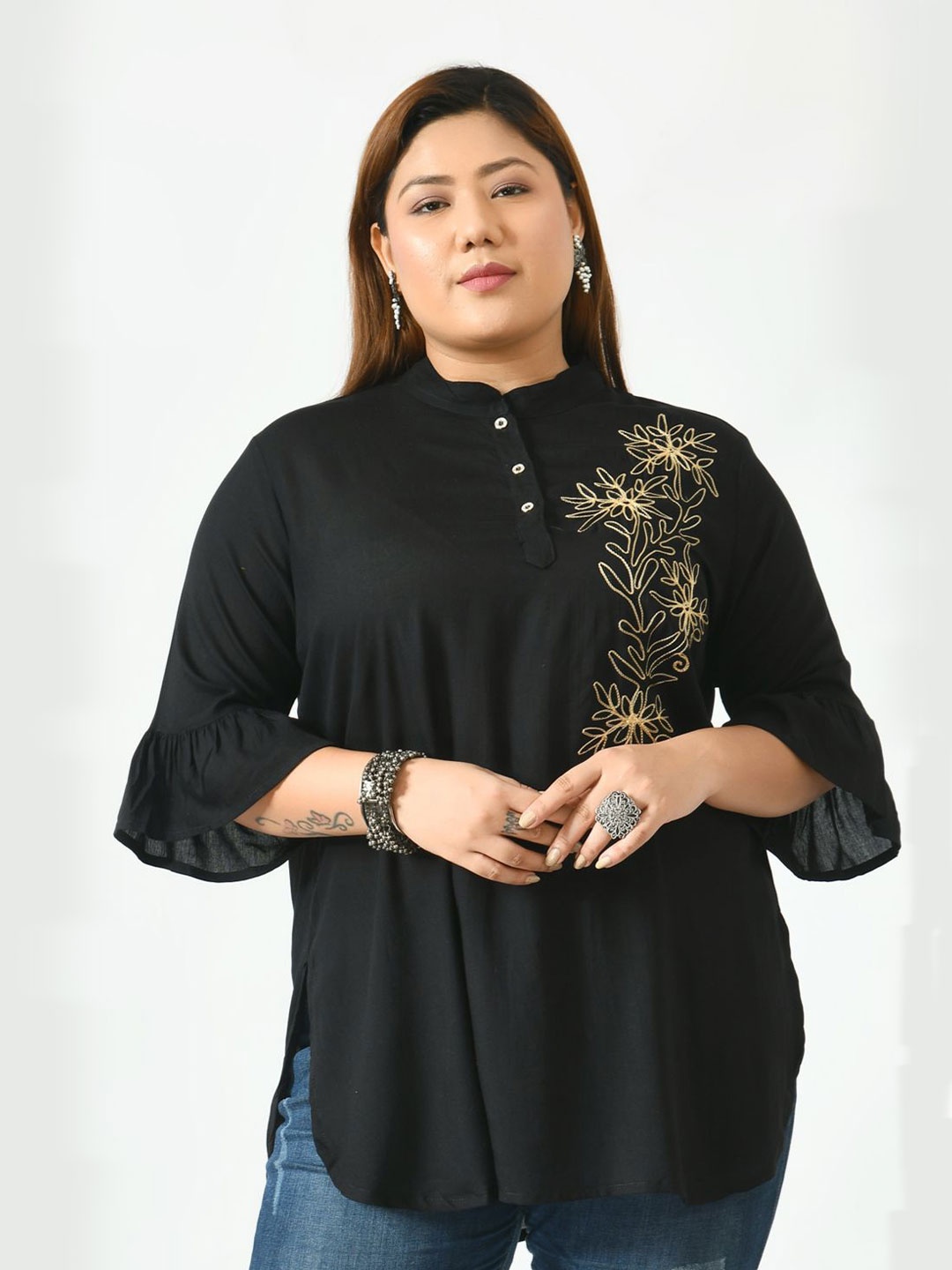 

SAAKAA Plus Size Embroidery Mandarin Collar Bell Sleeve Cotton Top, Black