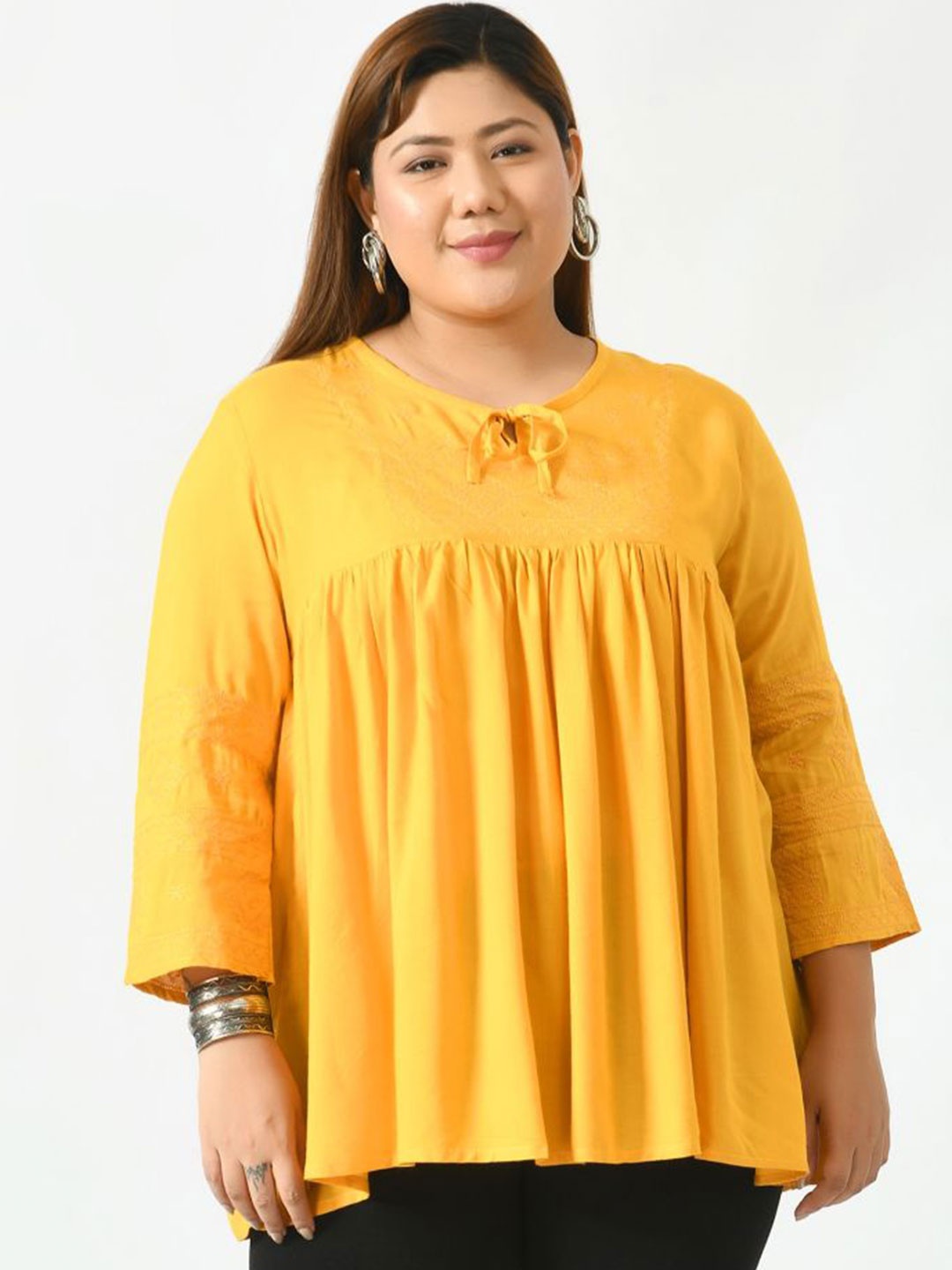 

SAAKAA Plus Size Embroidery Tie-Up Neck Cotton Top, Yellow