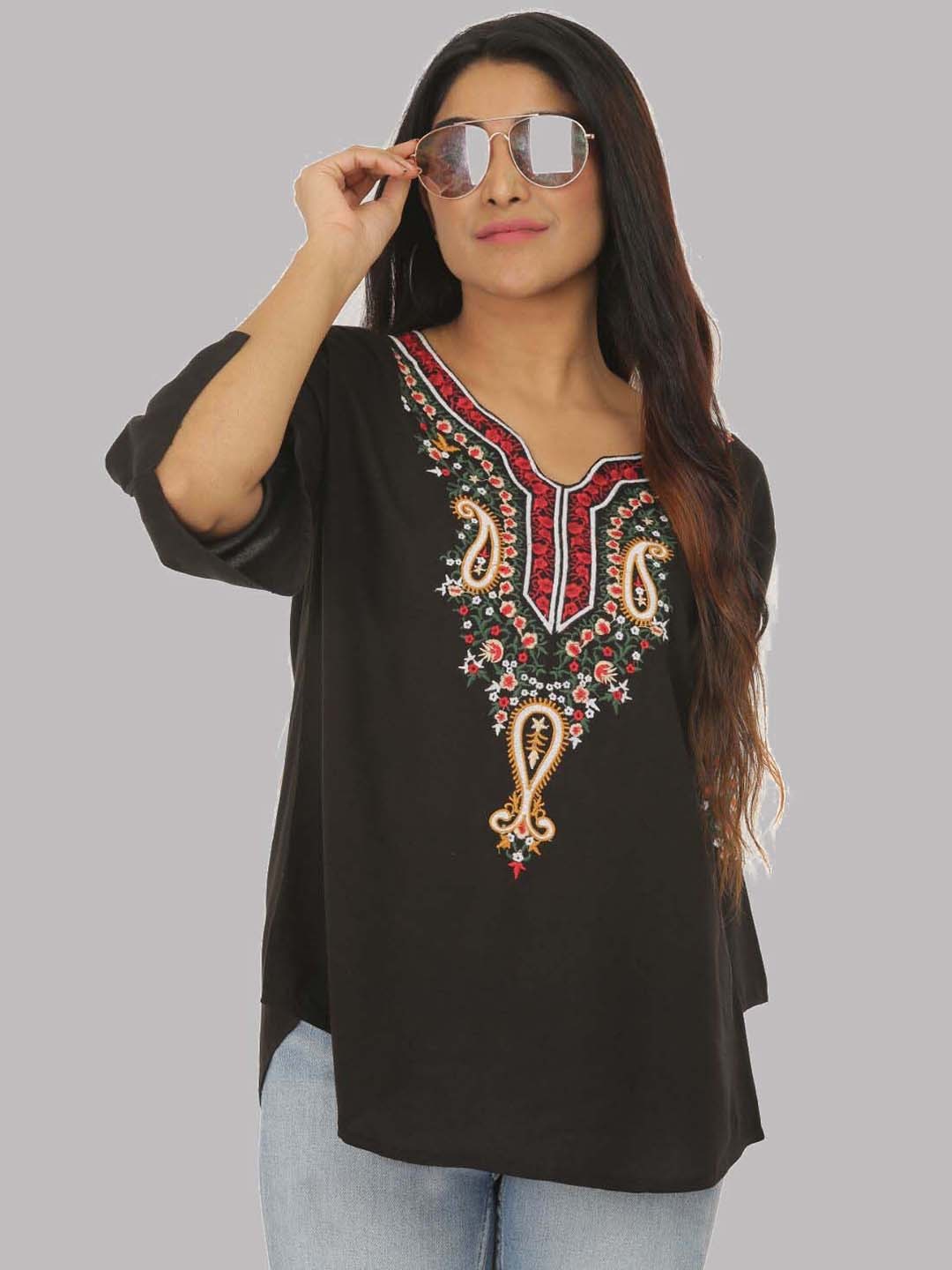 

SAAKAA Ethnic Motif Embroidery Round Neck Three-Quarter Sleeves Cotton Top, Black