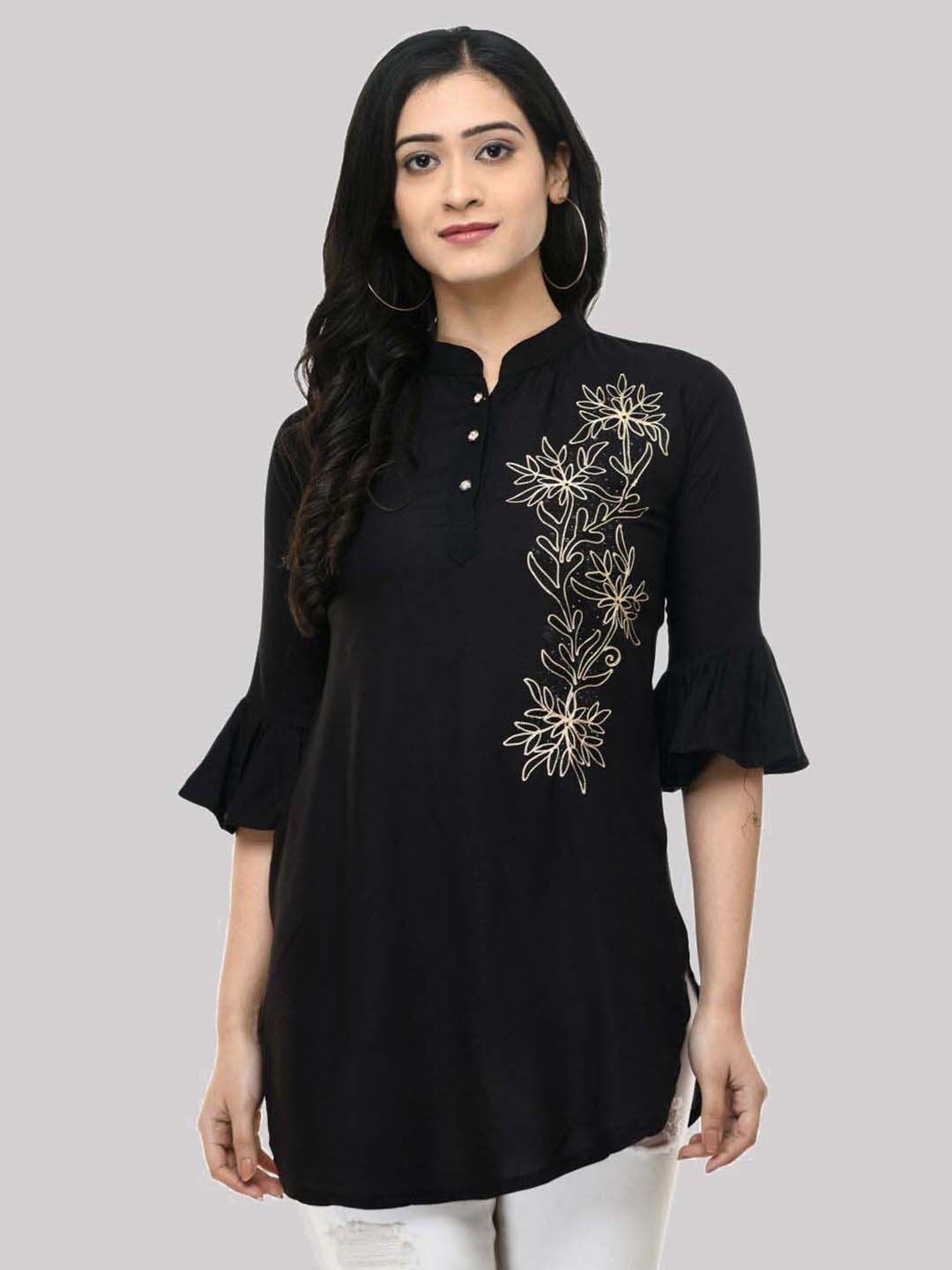 

SAAKAA Floral Embellished Mandarin Collar Bell Sleeve Cotton Shirt Style Top, Black