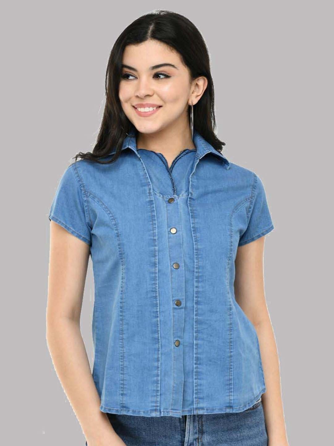 

SAAKAA Shirt Collar Short Sleeves Denim Shirt Style Top, Blue