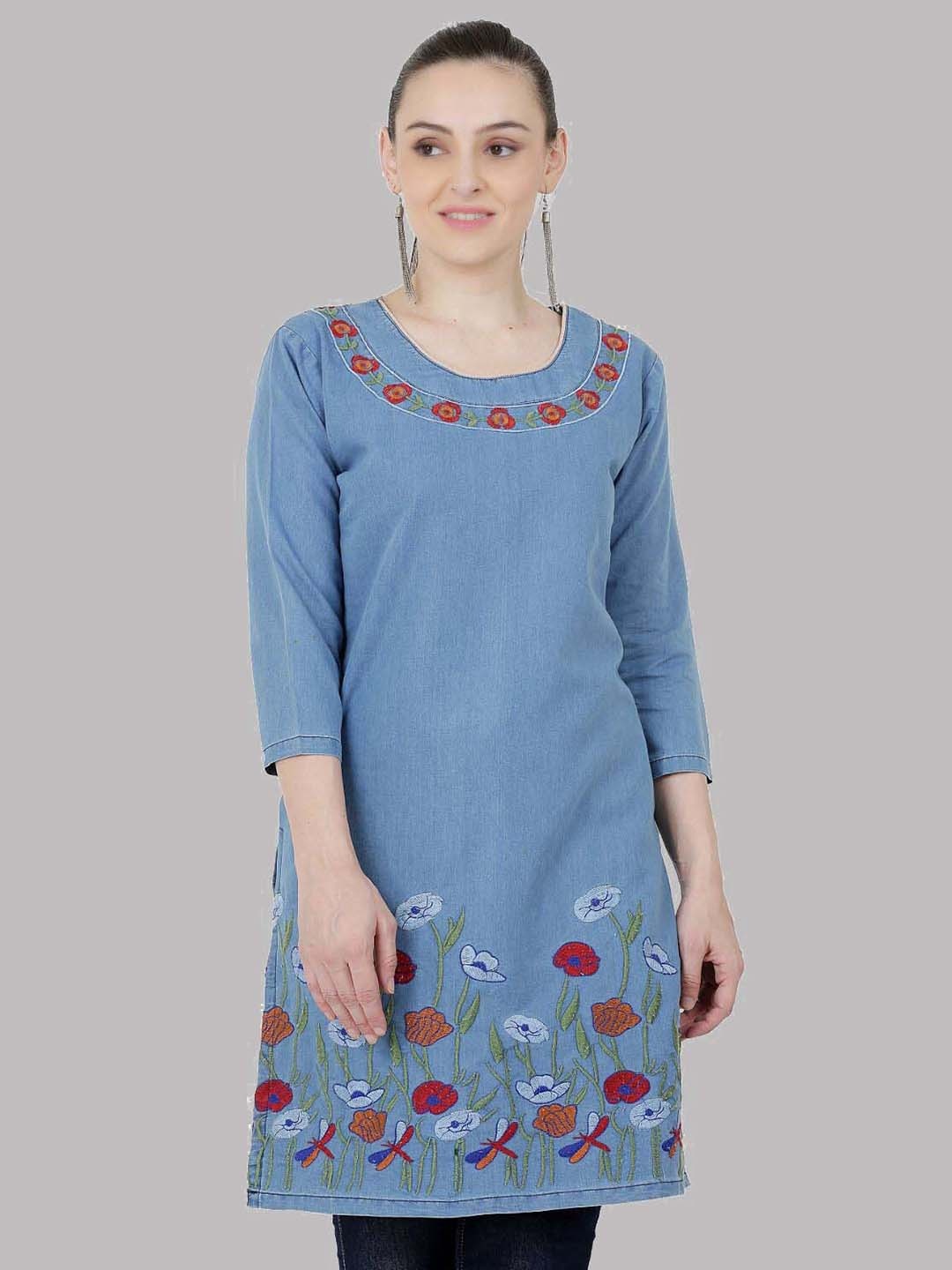 

SAAKAA Floral Embellished Cotton Longline Top, Blue