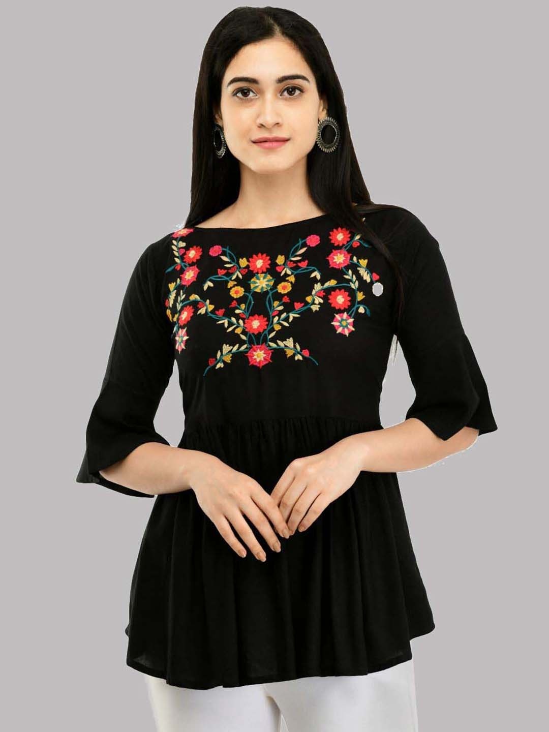 

SAAKAA Floral Embellished Cotton Empire Top, Black