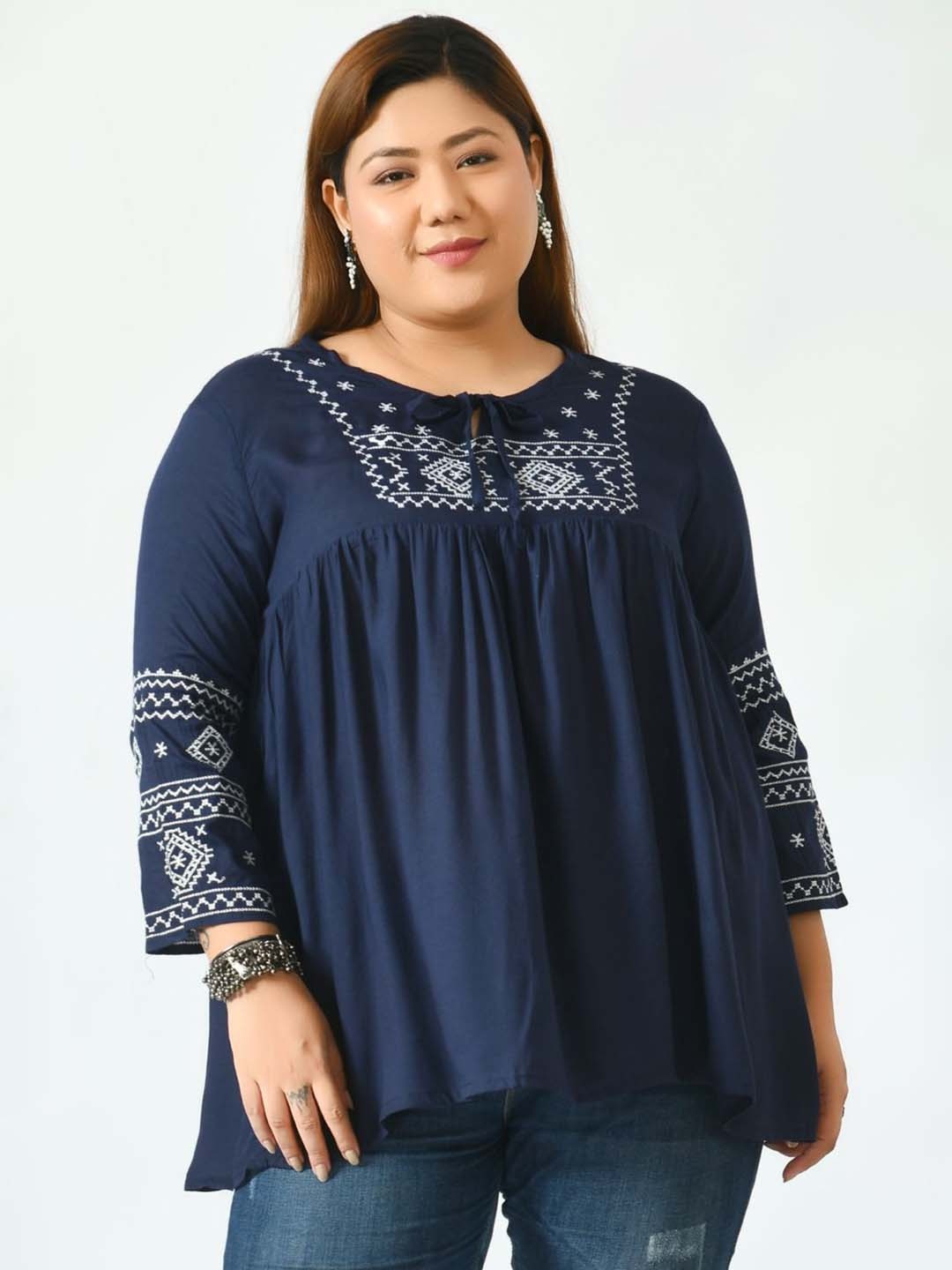 

SAAKAA Plus Size Embroidery Tie-Up Neck Cotton Empire Top, Navy blue