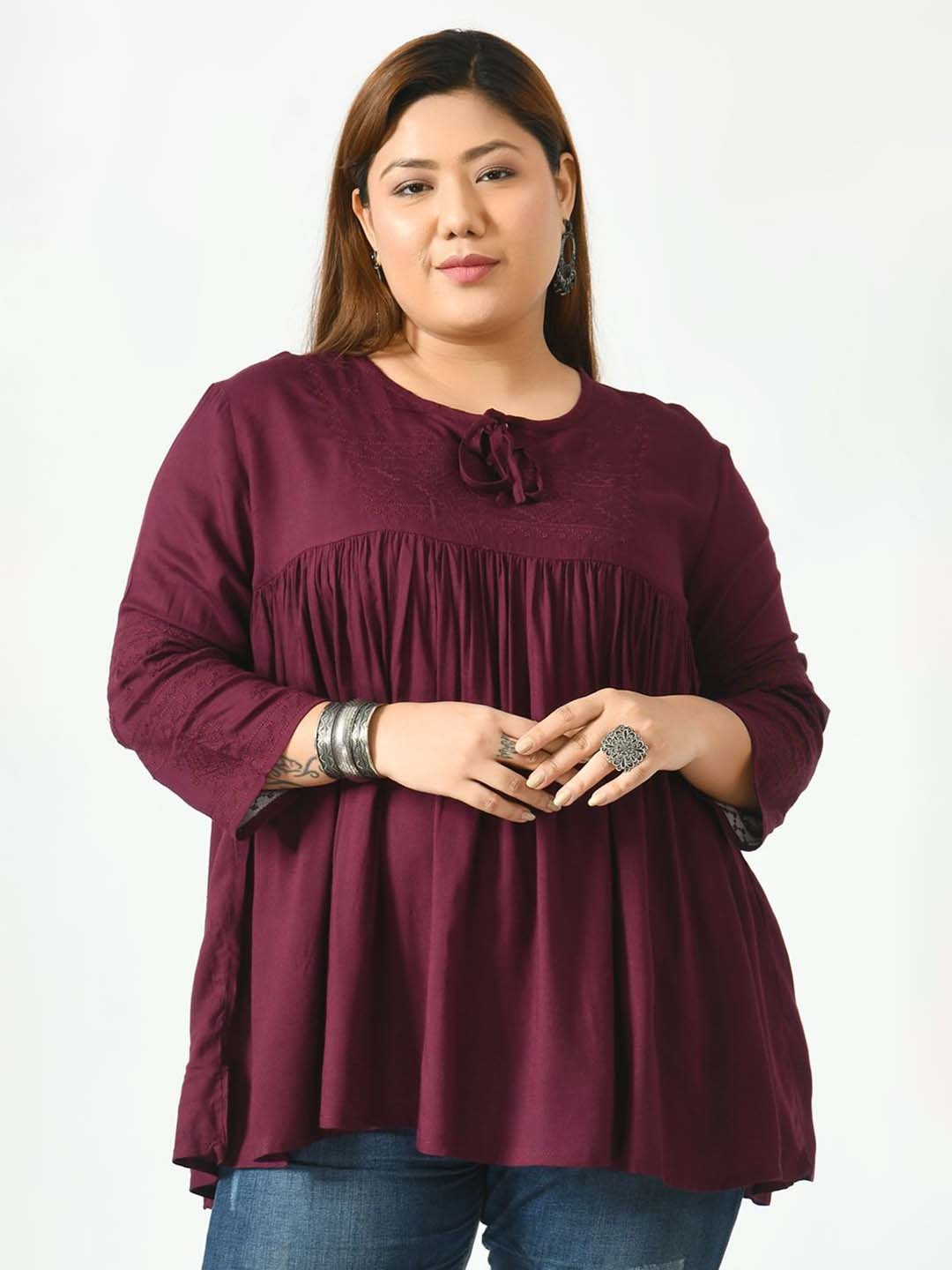 

SAAKAA Plus Size Embroidery Tie-Up Neck Cotton Empire Top, Burgundy
