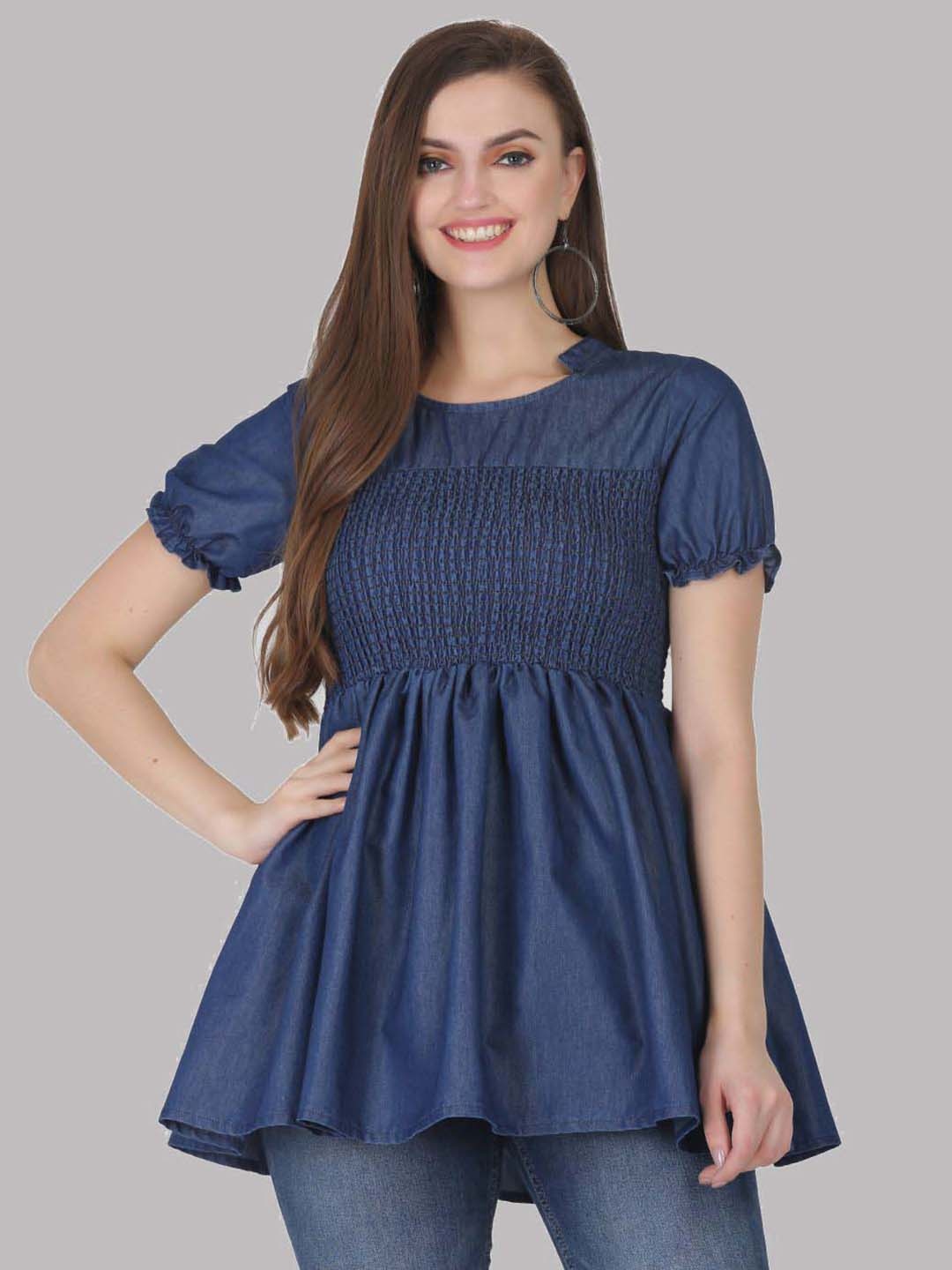 

SAAKAA Cotton Round Neck Puff Sleeve Empire Longline Casual Top, Blue