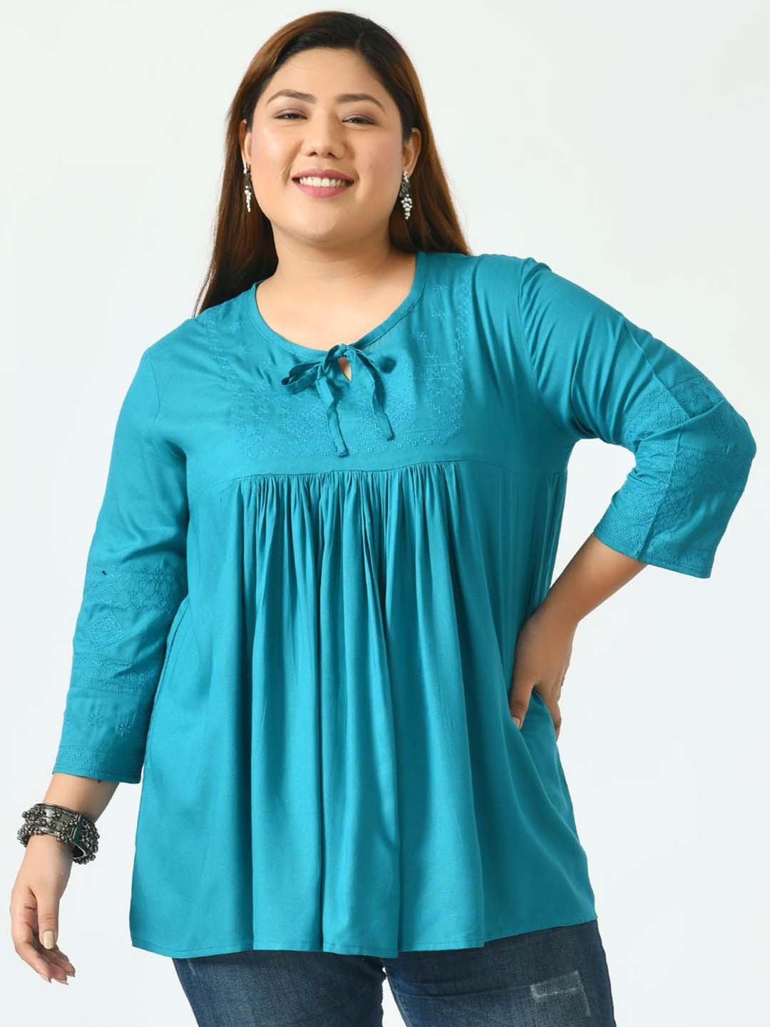 

SAAKAA Cotton Tie-Up Neck Three-Quarter Sleeves A-Line Casual Top, Teal