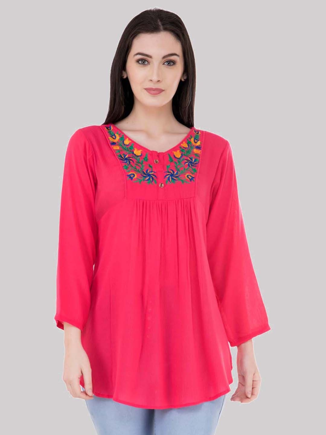 

SAAKAA Cotton Round Neck Three-Quarter Sleeves Opaque Casual Top, Pink