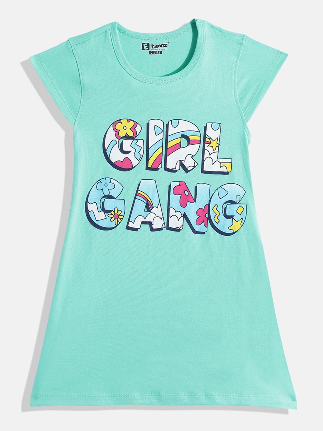 

Eteenz Girls Premium Cotton Typography Printed A-Line Dress, Green