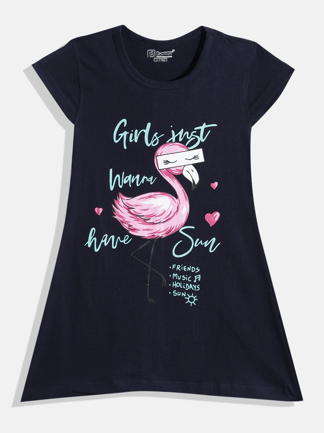 

Eteenz Girls Premium Cotton Typography Printed A-Line Dress, Navy blue