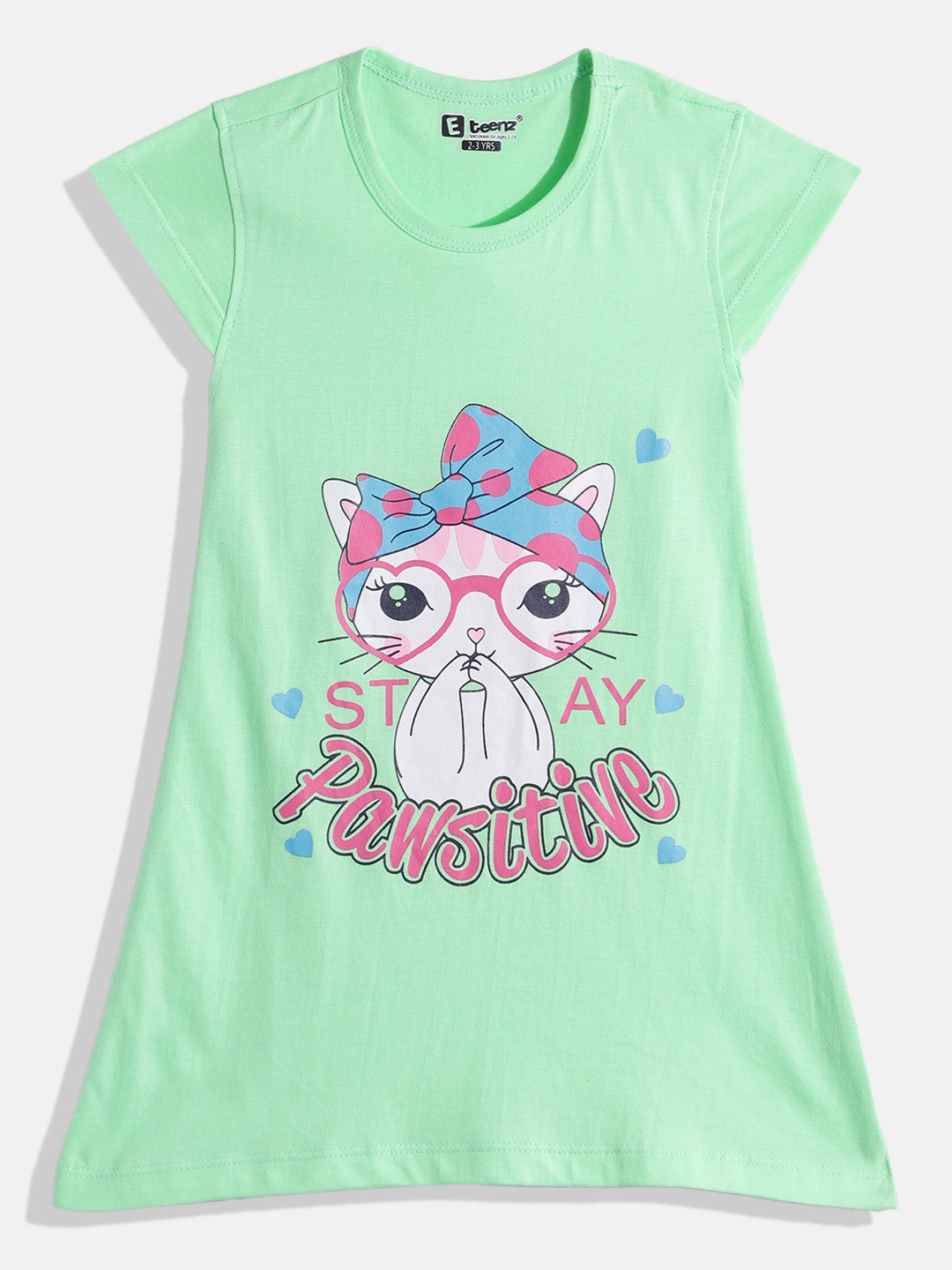 

Eteenz Girls Premium Cotton Graphic Printed A-Line Dress, Green