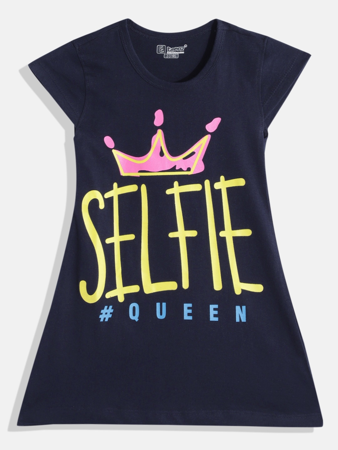 Eteenz Girls Premium Cotton Typography Print A-Line Dress, Navy blue
