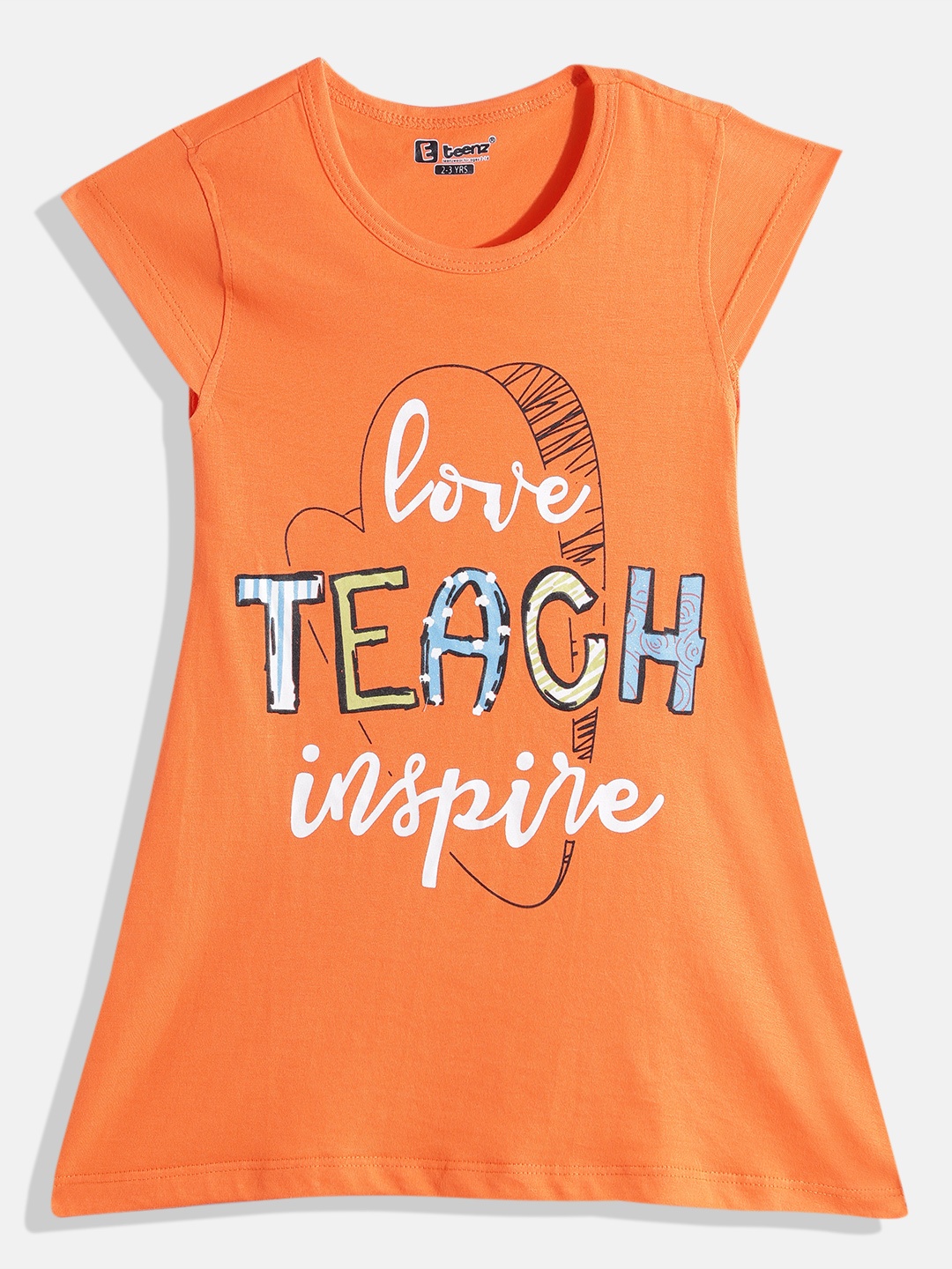 

Eteenz Girls Premium Cotton Typography Printed A-Line Dress, Orange