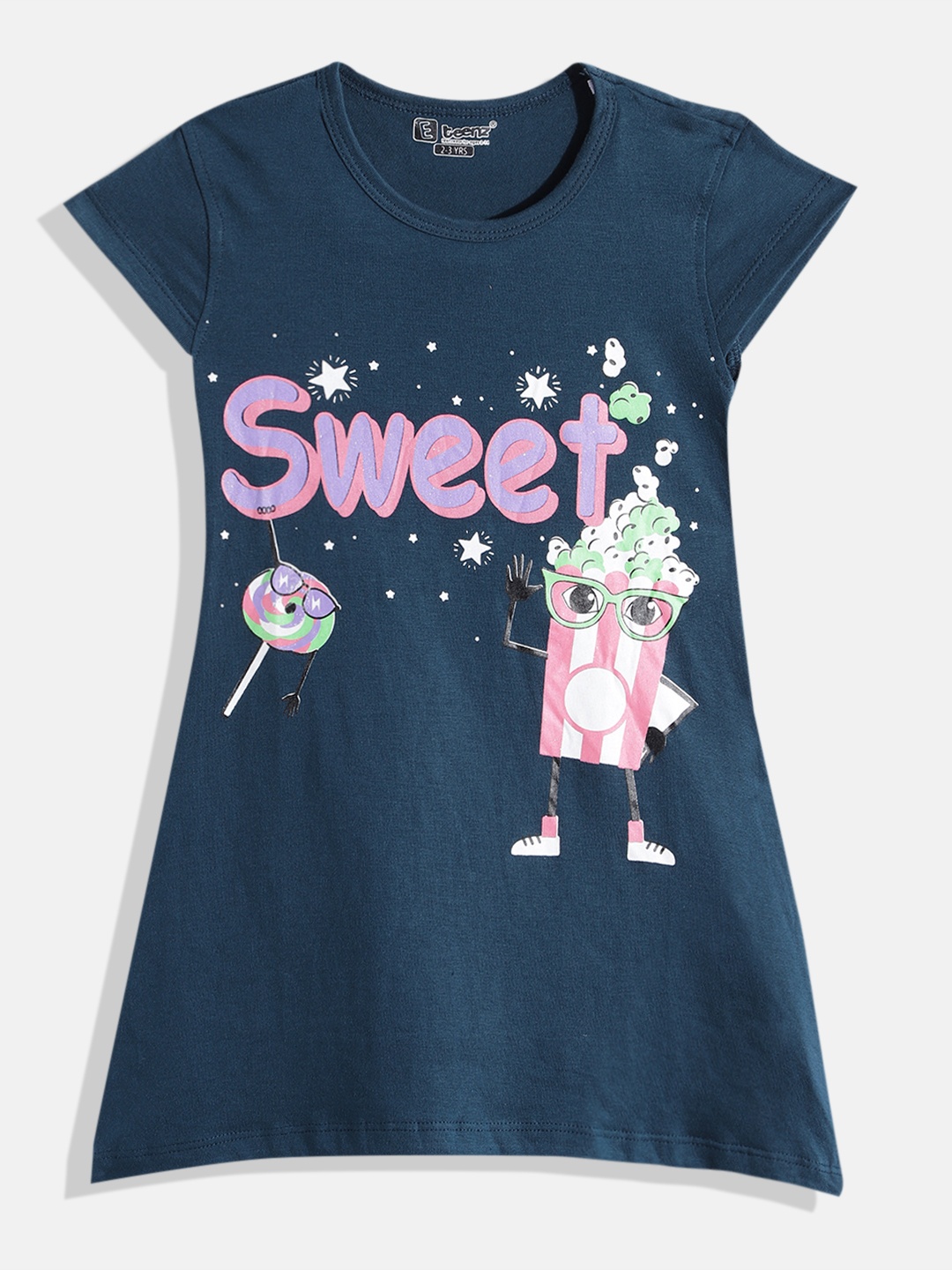 

Eteenz Girls Premium Cotton Typography Printed A-Line Dress, Blue