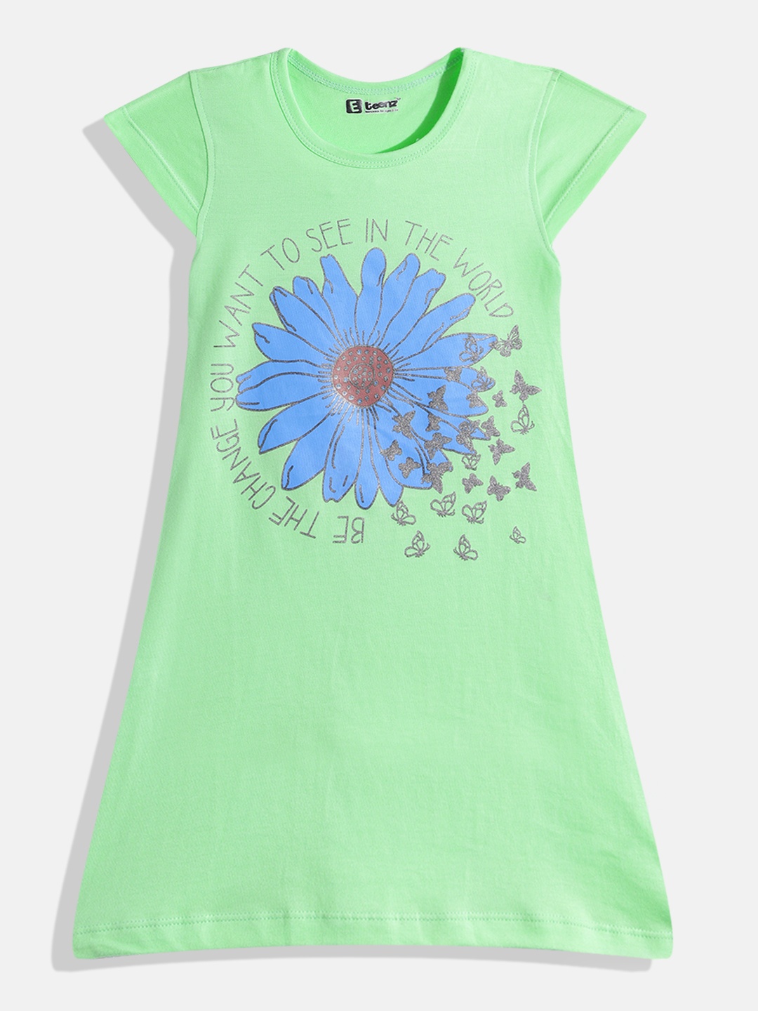 

Eteenz Girls Premium Cotton Floral Printed A-Line Dress, Green