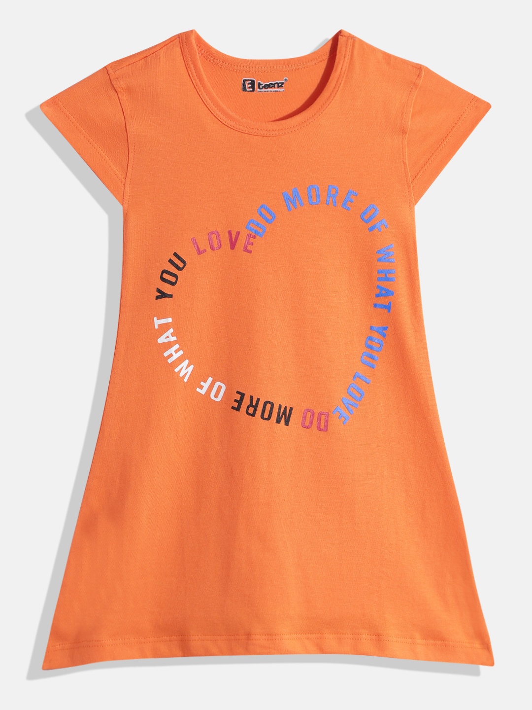 

Eteenz Girls Premium Cotton Typography Printed A-Line Dress, Orange