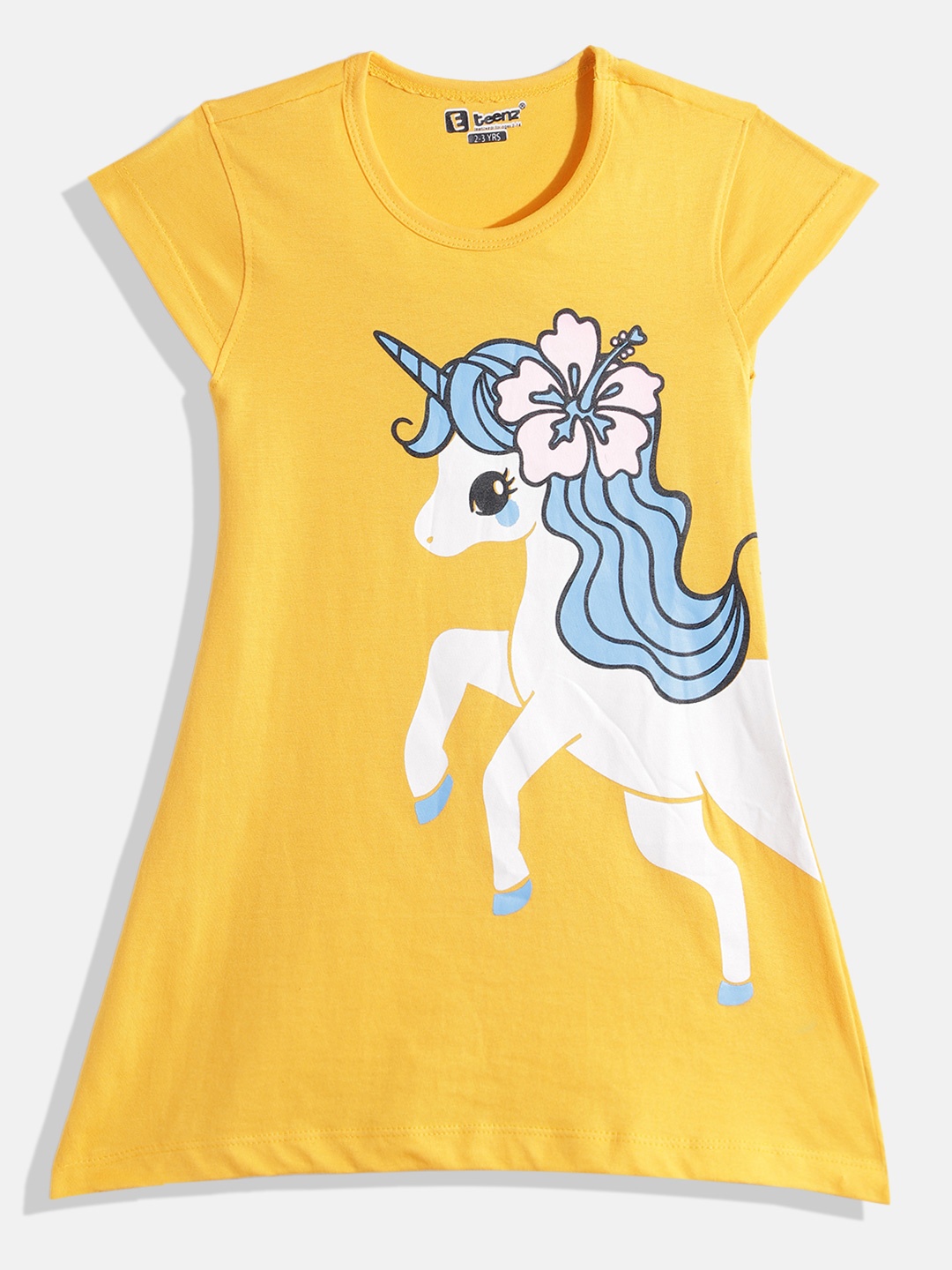 

Eteenz Girls Premium Cotton Graphic Printed A-Line Dress, Yellow