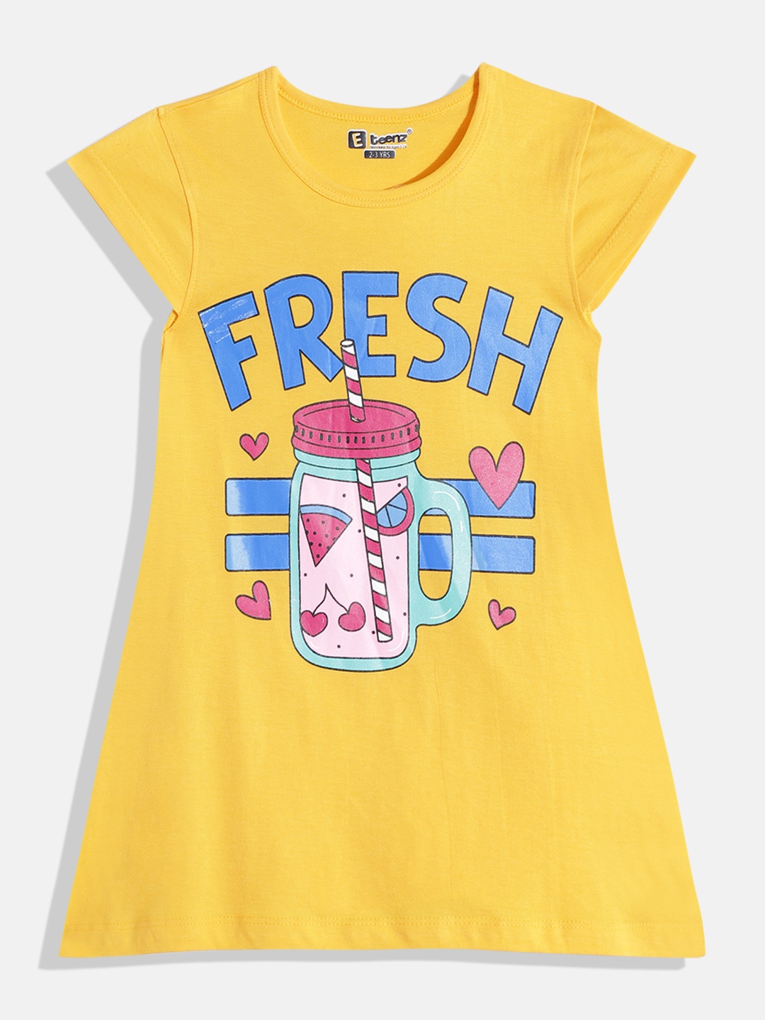 Eteenz Girls Premium Cotton Typography Printed A-Line Dress, Yellow