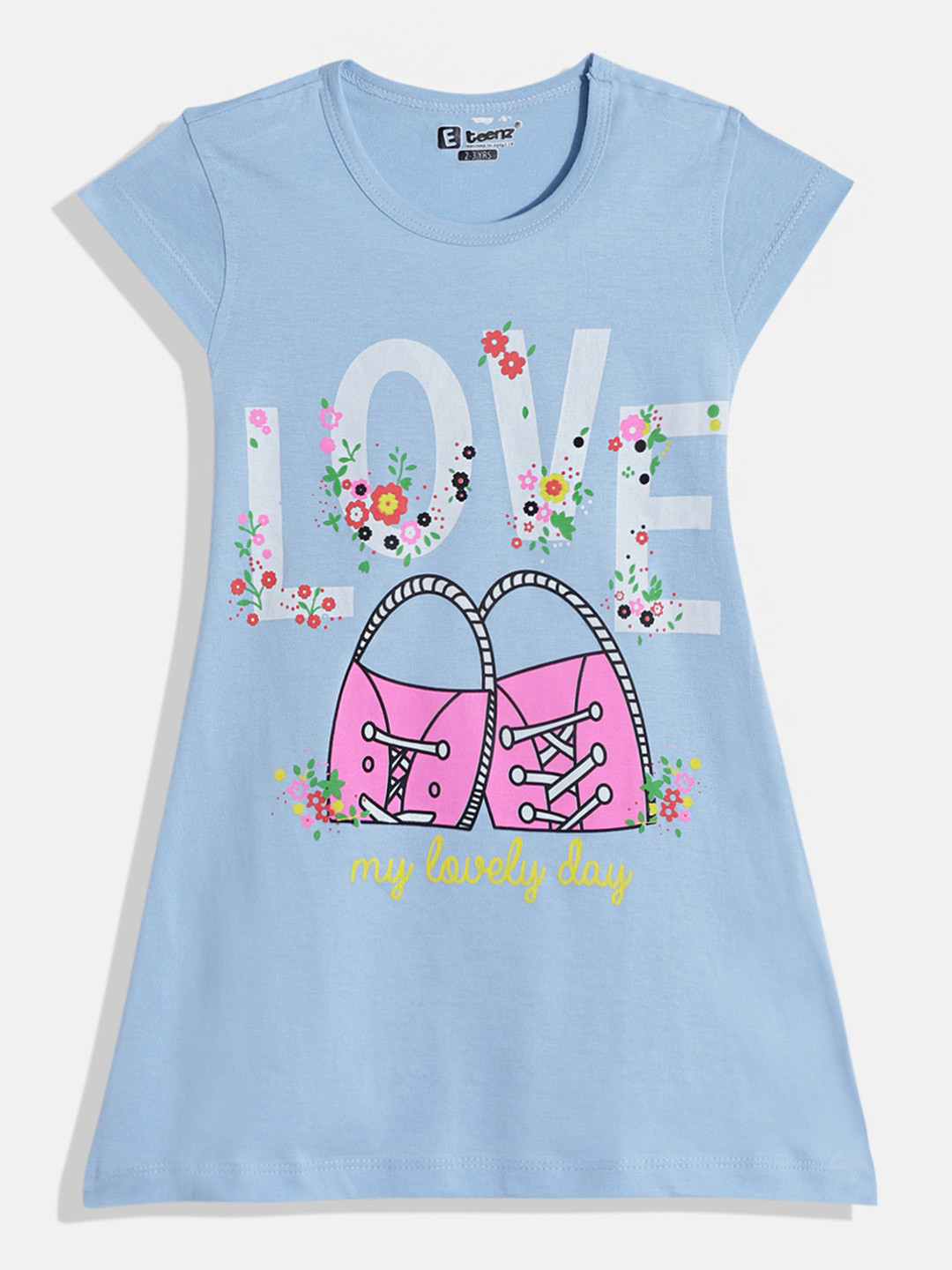 

Eteenz Girls Premium Cotton Typography Printed A-Line Dress, Blue
