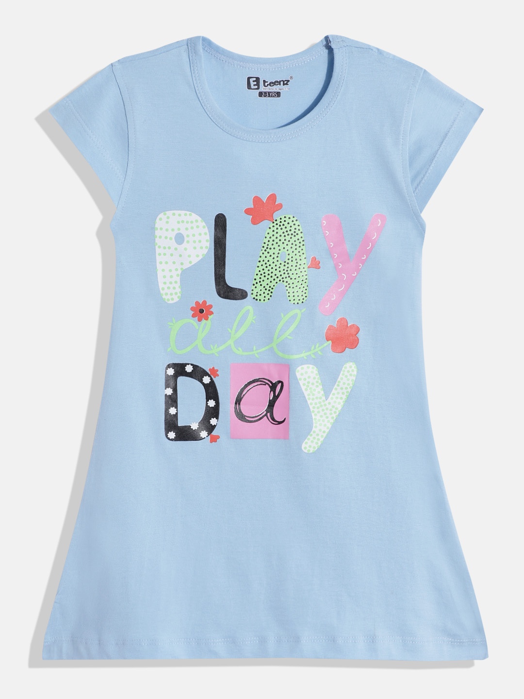 

Eteenz Girls Premium Cotton Typography Printed A-Line Dress, Blue