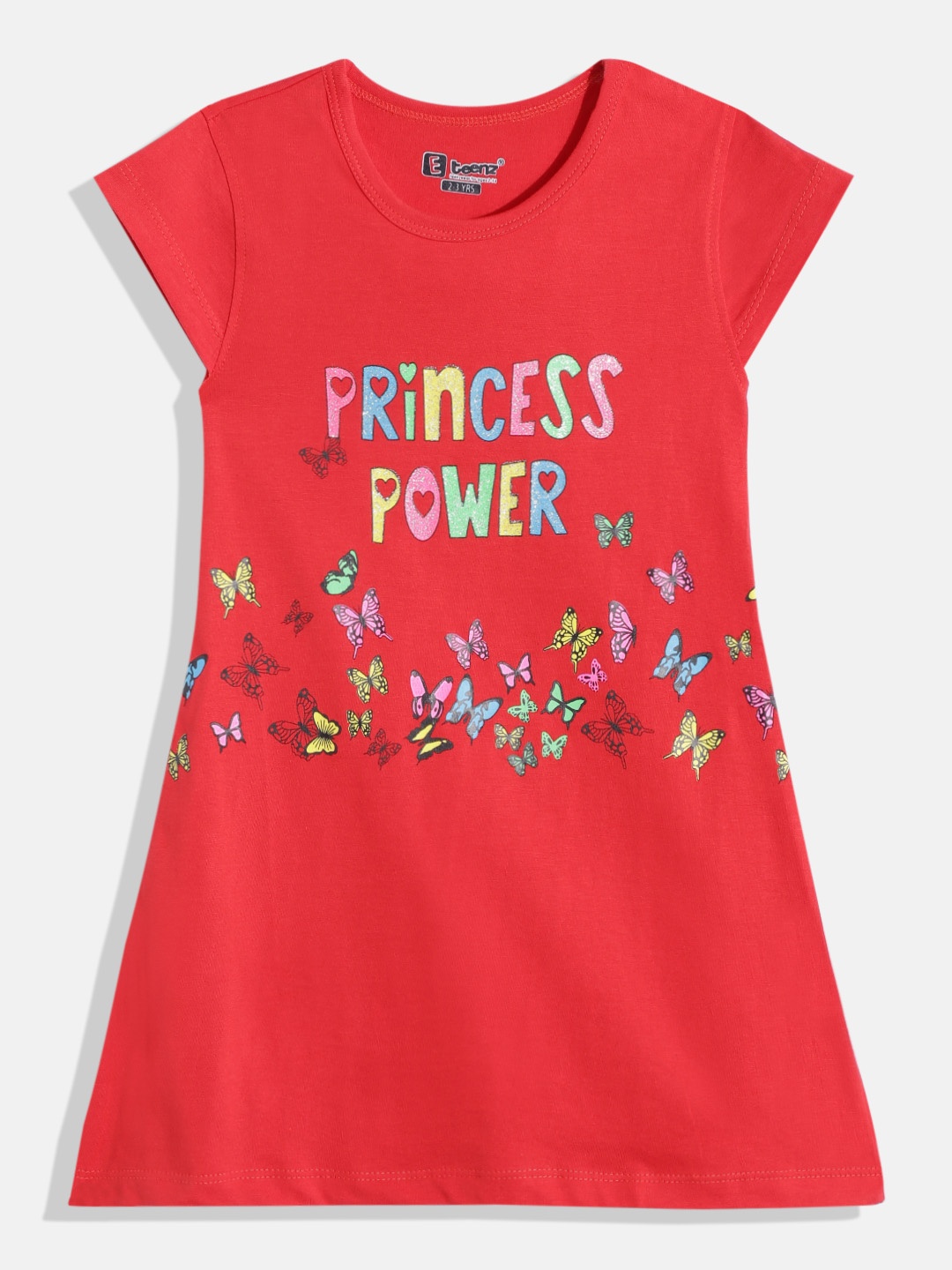 

Eteenz Girls Premium Cotton Typography Printed A-Line Dress, Red