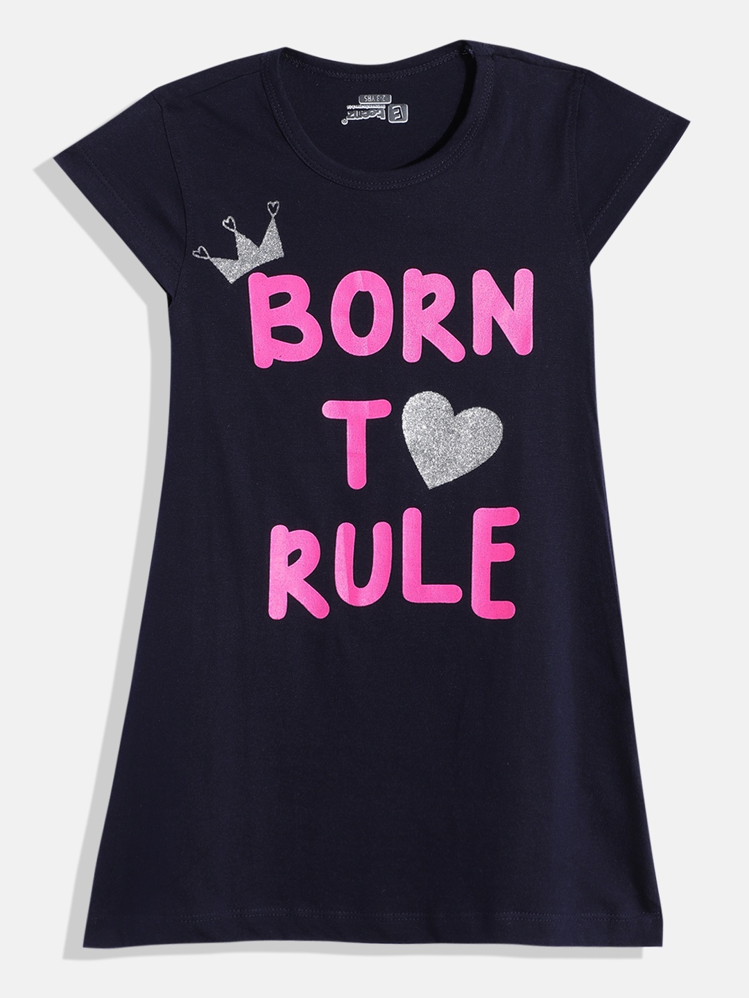 

Eteenz Girls Premium Cotton Typography Printed A-Line Dress, Navy blue