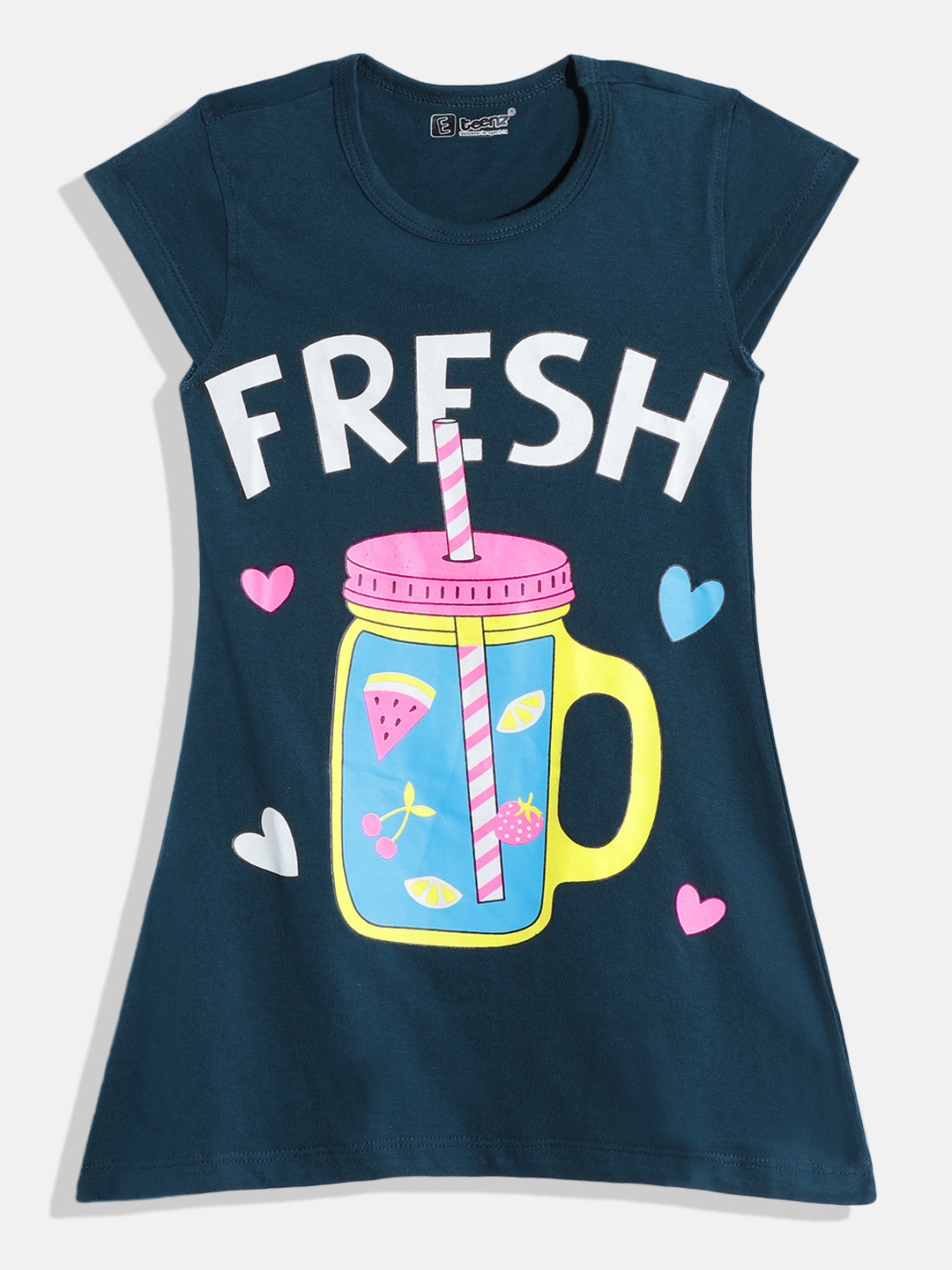 

Eteenz Girls Premium Cotton Typography Printed A-Line Dress, Blue