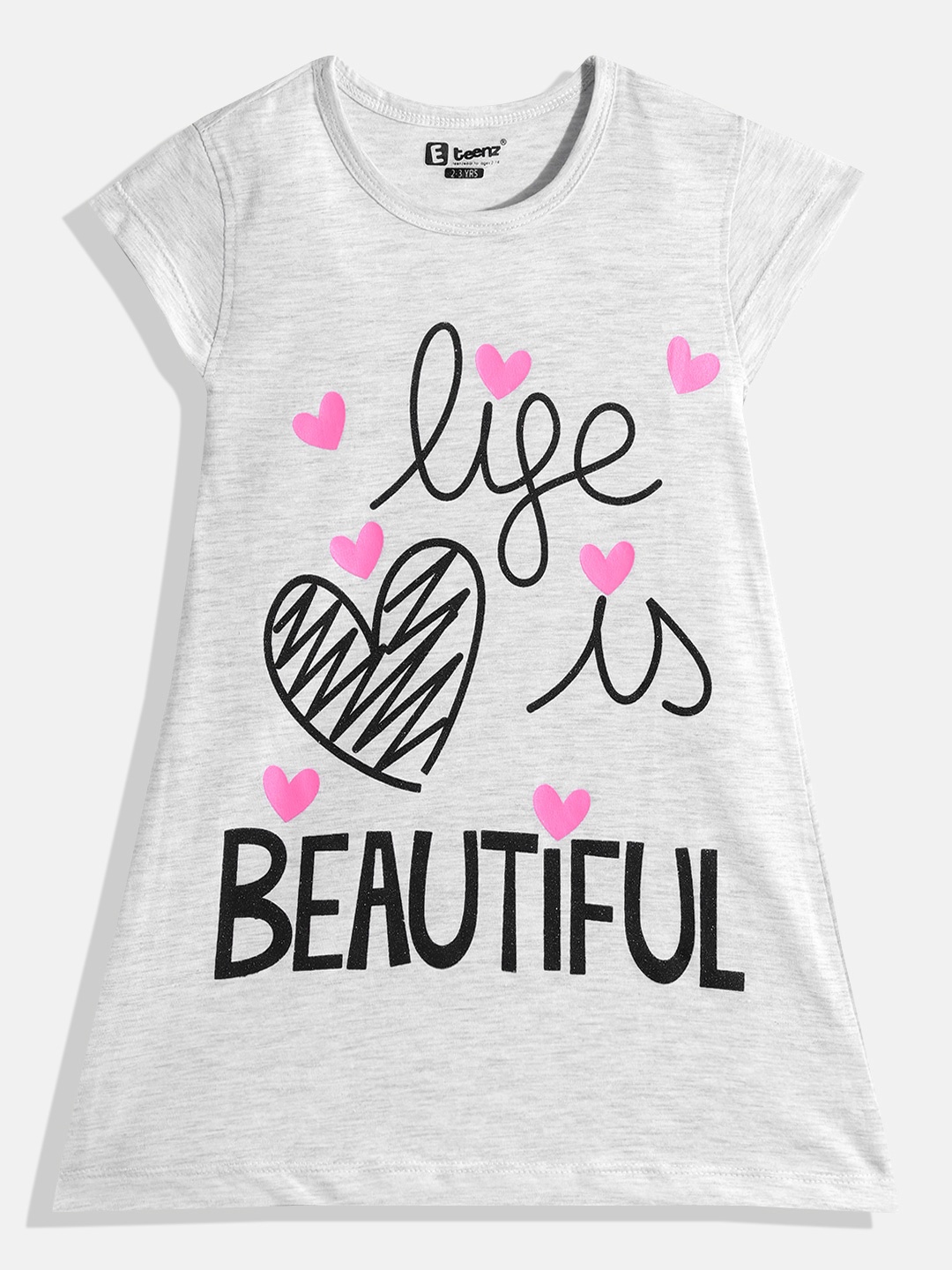 

Eteenz Girls Printed Cotton T-shirt Dress, Grey melange