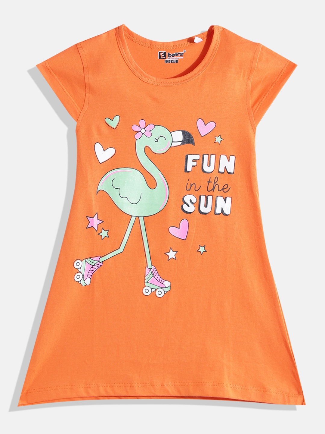 

Eteenz Girls Printed Cotton T-shirt Dress, Orange
